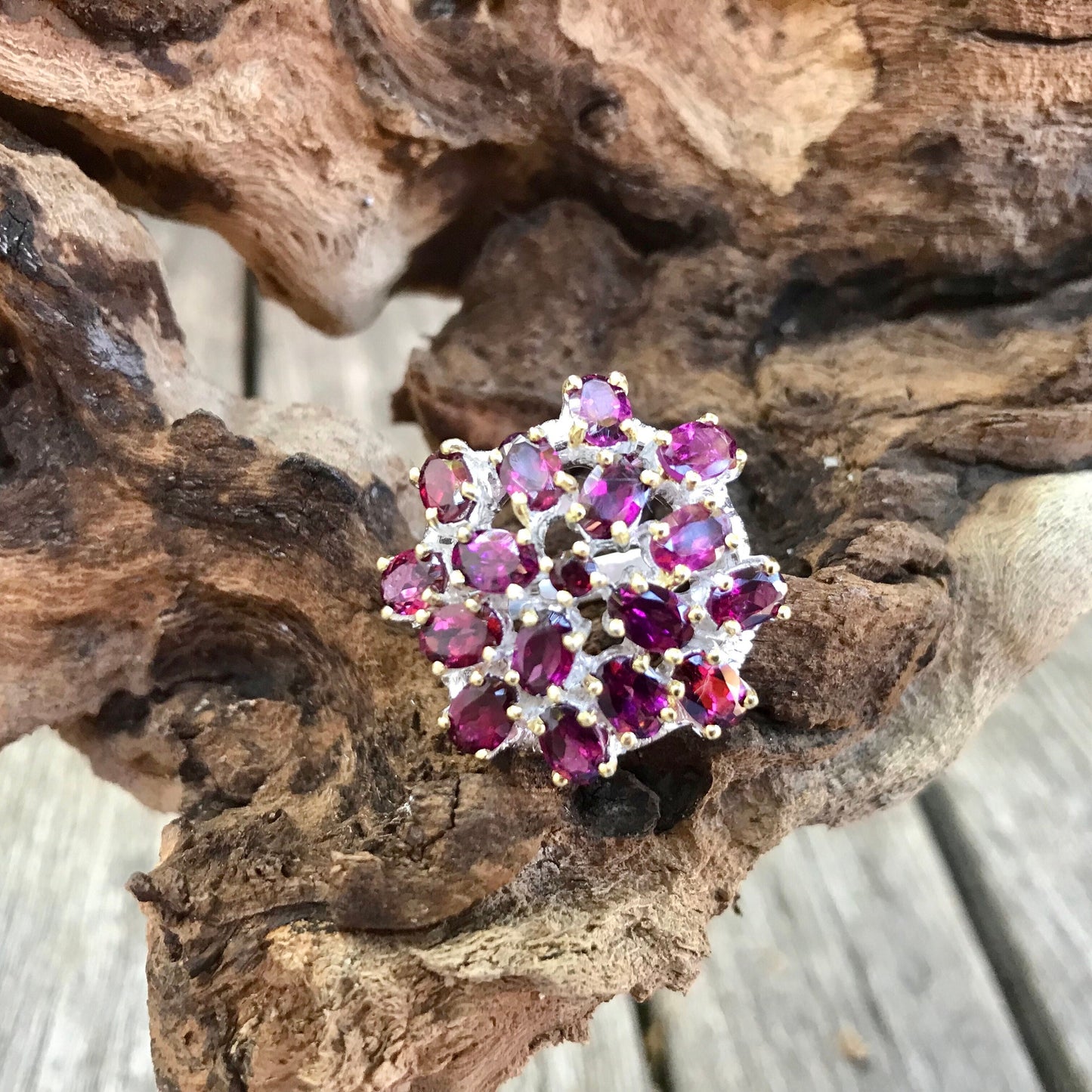 Sterling silver natural Rhodolite cluster Ring 8