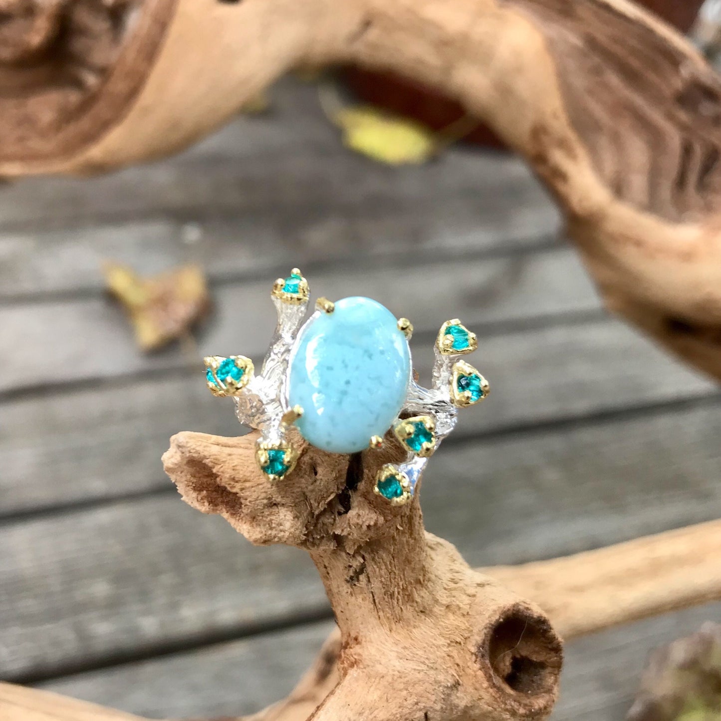 Sterling Silver Handmade Natural Larimar Organic ring 6.5