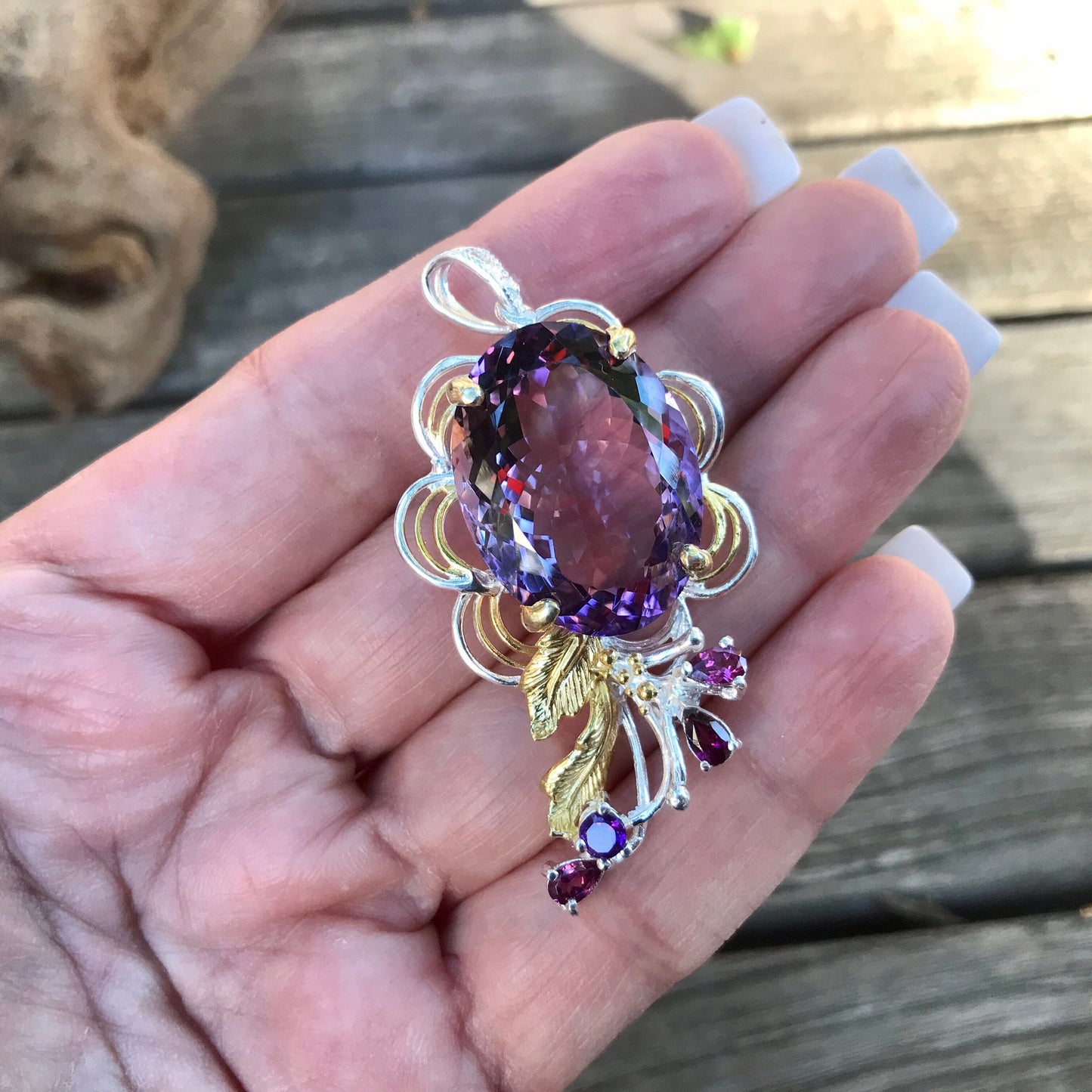 Artisan sterling silver Amethyst Rhodolite art Pendant
