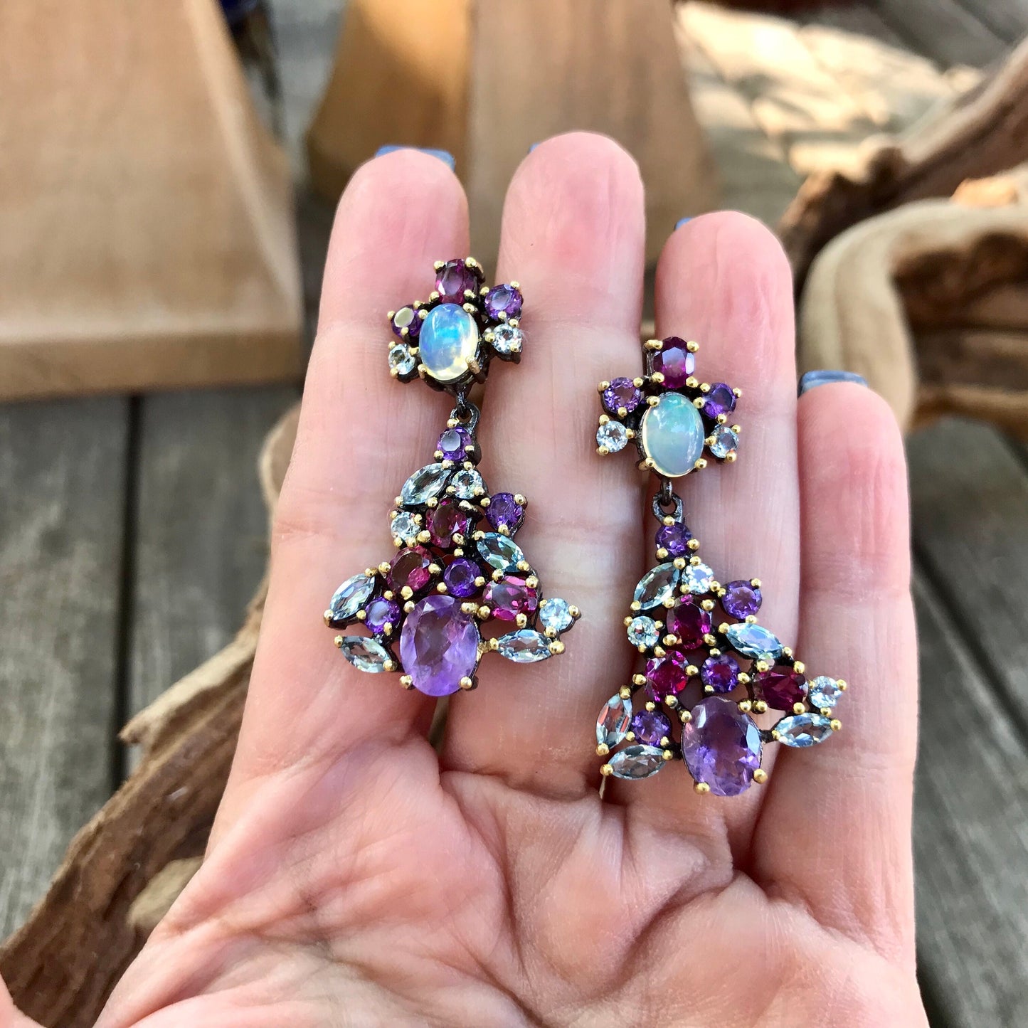 Sterling Silver Rainbow Natural Opal topaz amethyst long earrings