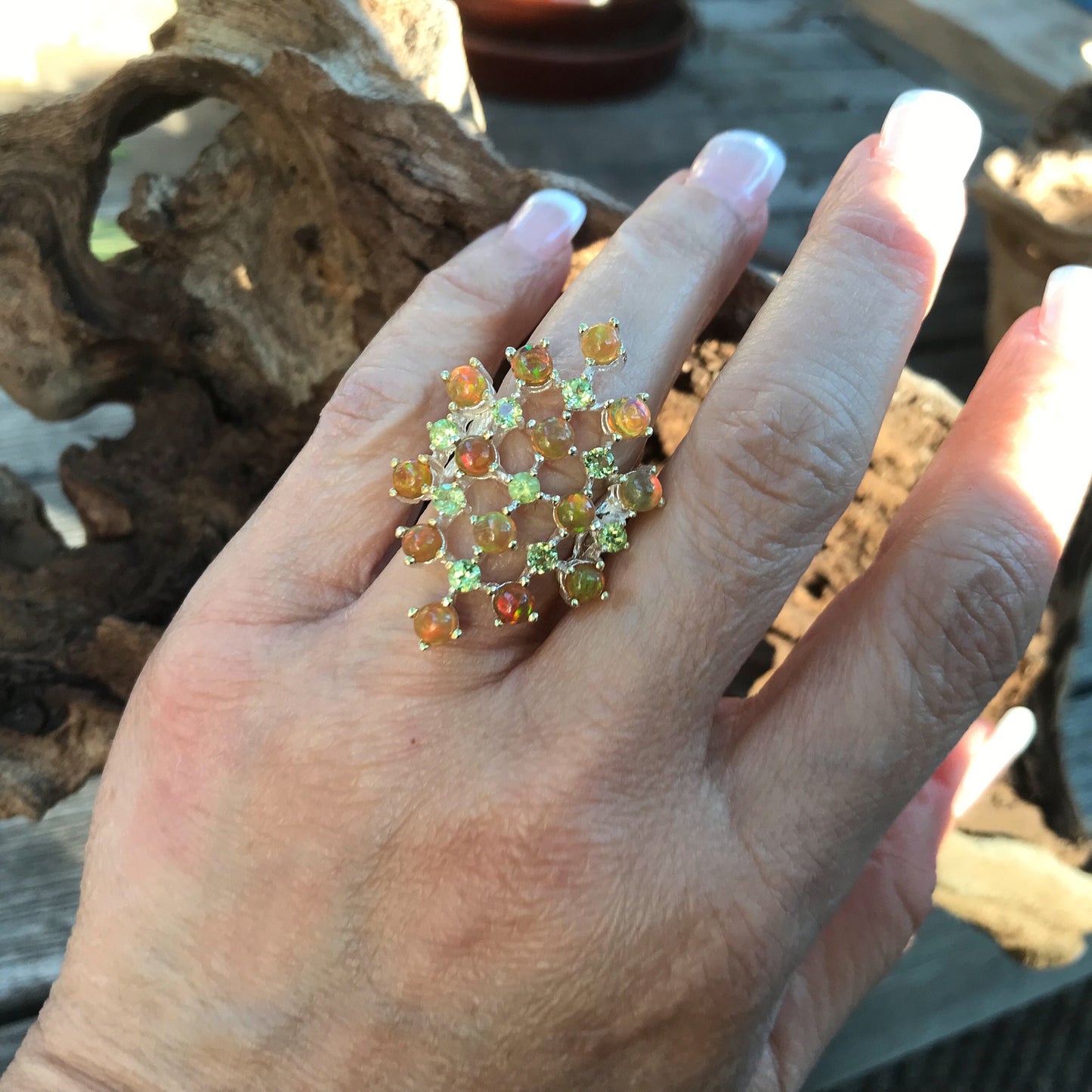 sterling silver Natural Orange opal Peridot ring 5.5
