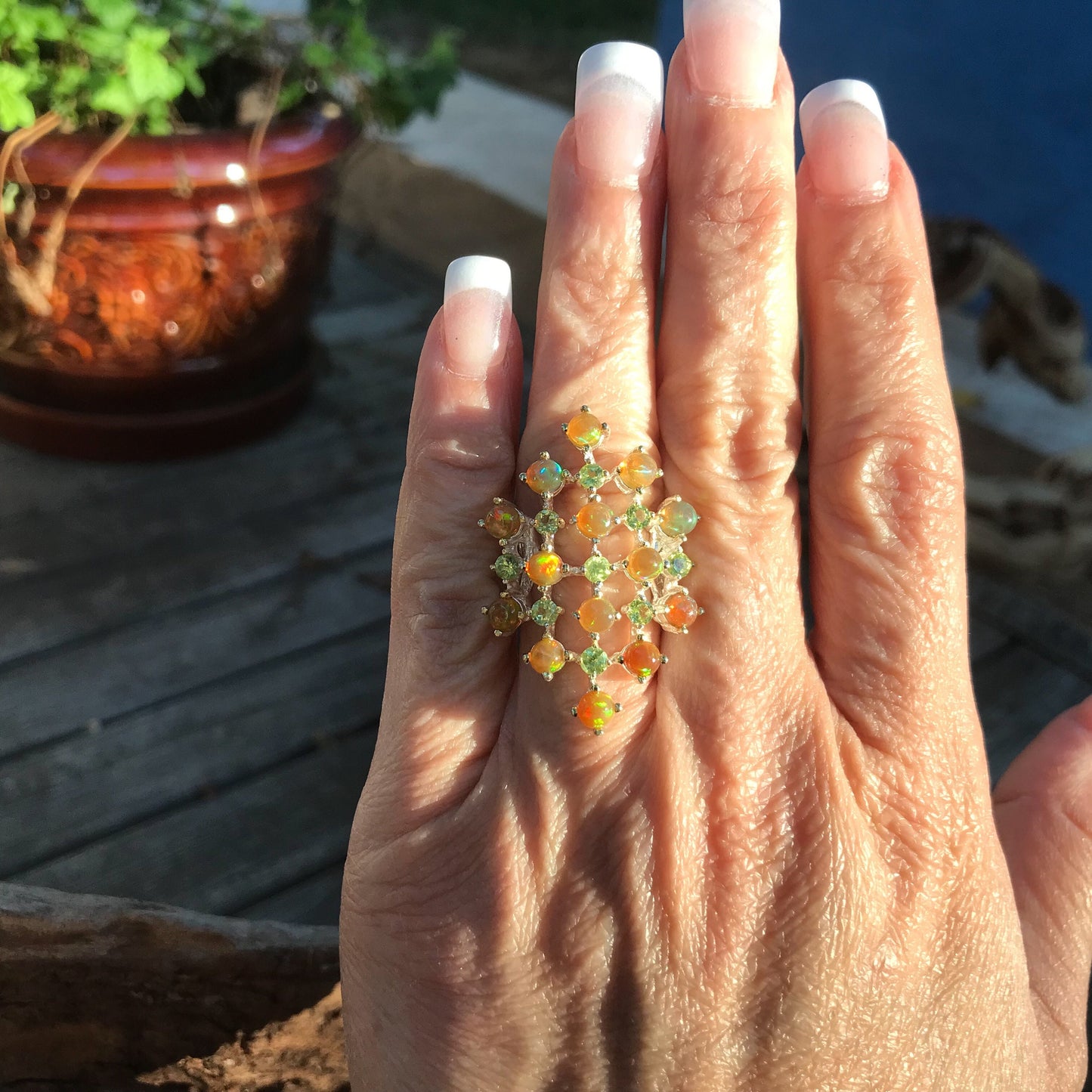 sterling silver Natural Orange opal Peridot ring 5.5
