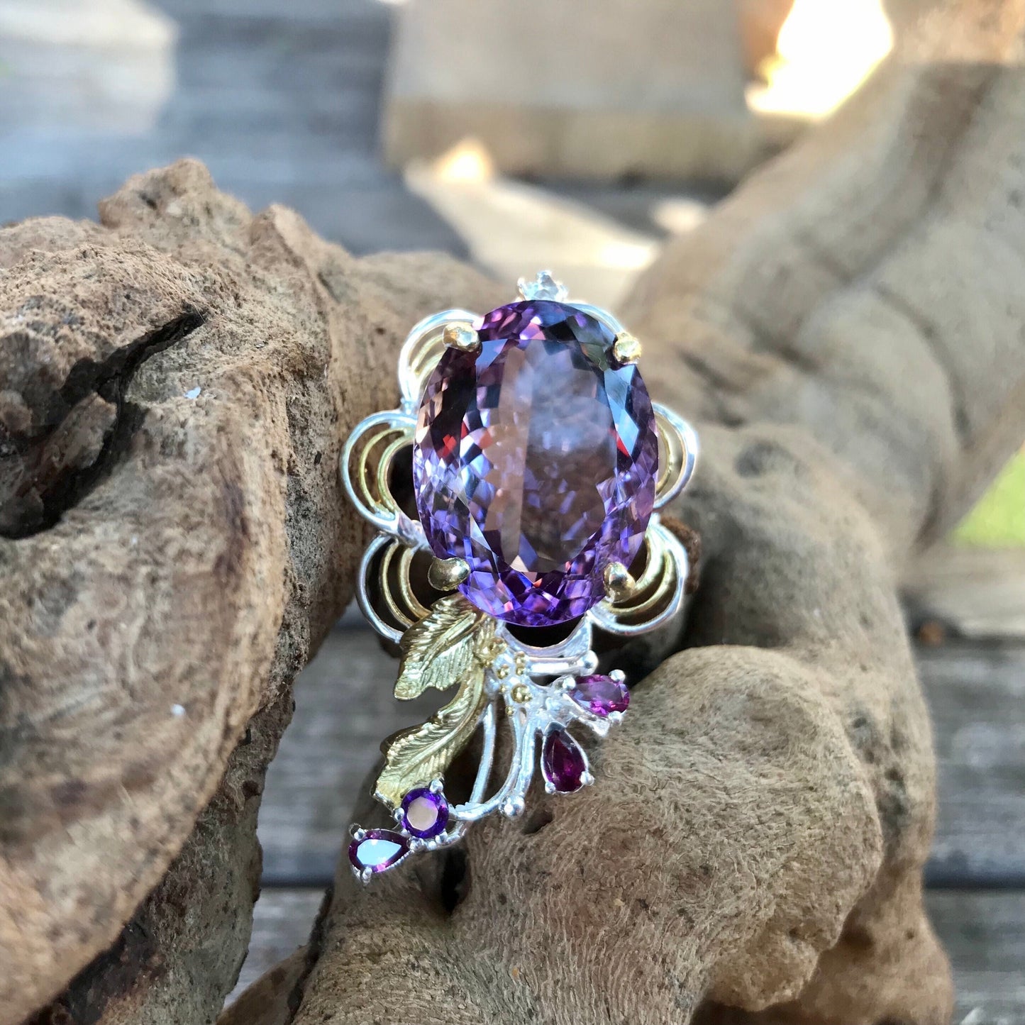 Artisan sterling silver Amethyst Rhodolite art Pendant