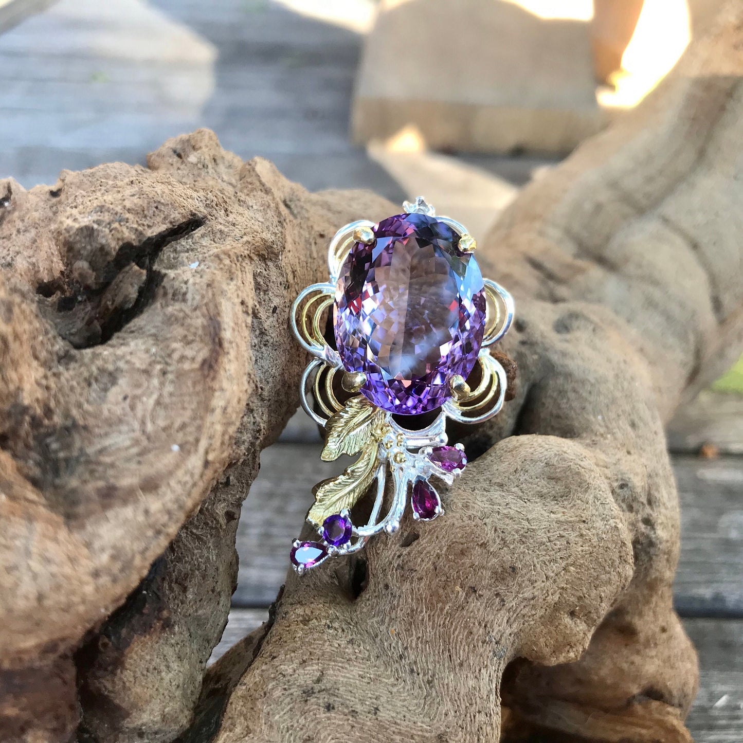 Artisan sterling silver Amethyst Rhodolite art Pendant