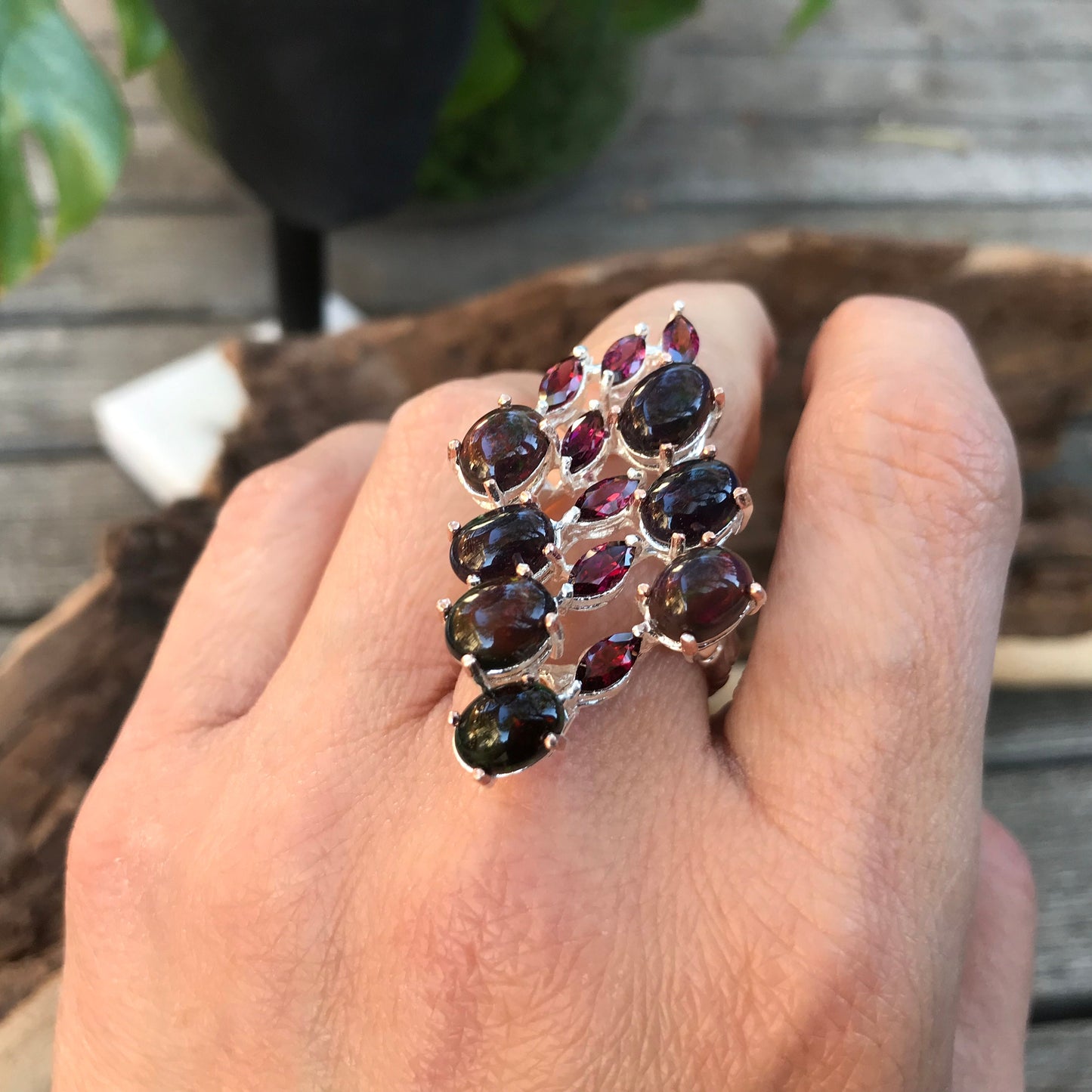 Sterling Silver black Fire Opal rhodolite statement ring 9