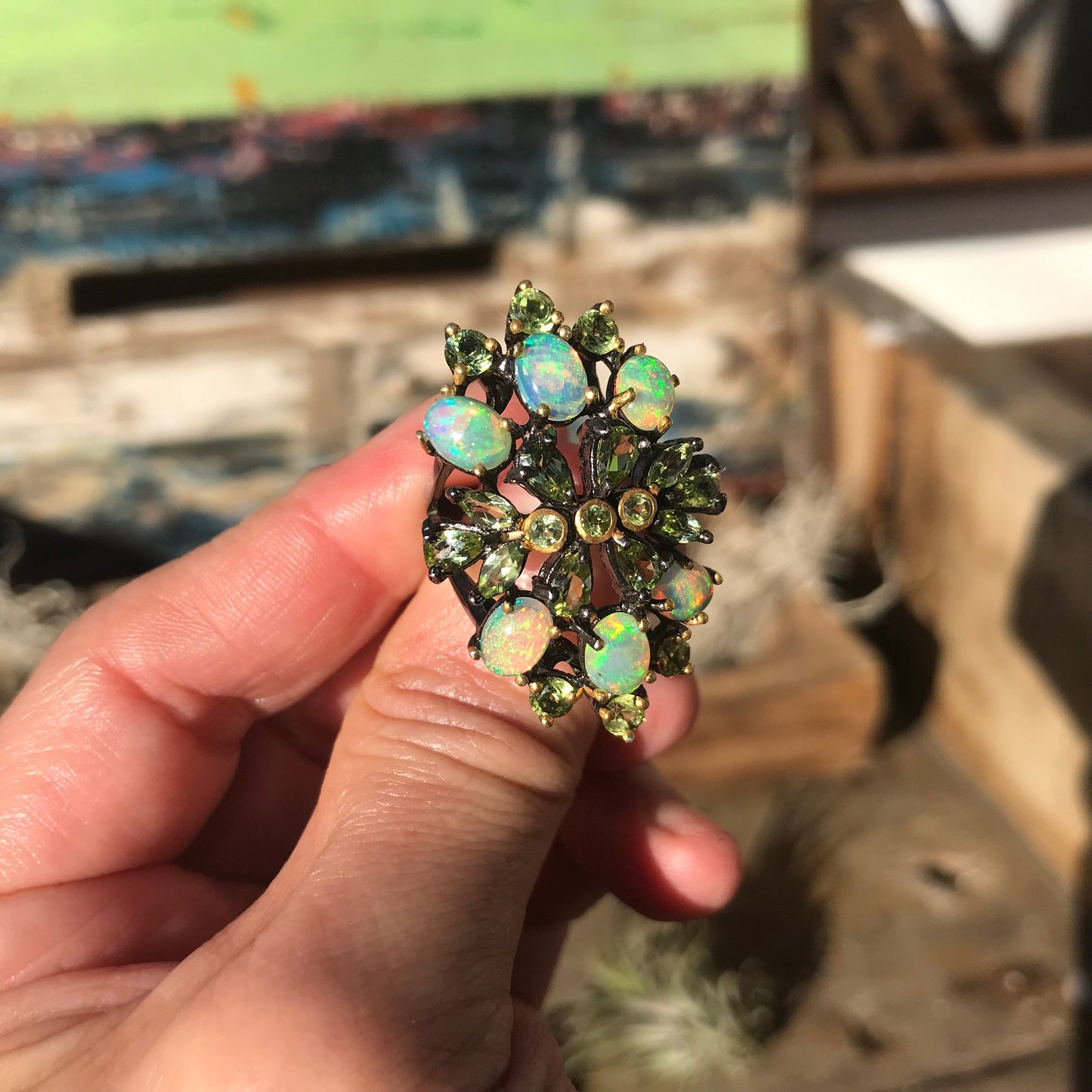 Sterling silver natural fire opal peridot statement Ring 6