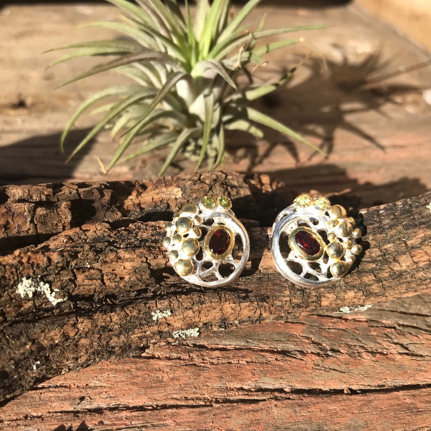 Sterling Silver red garnet peridot stud Earrings