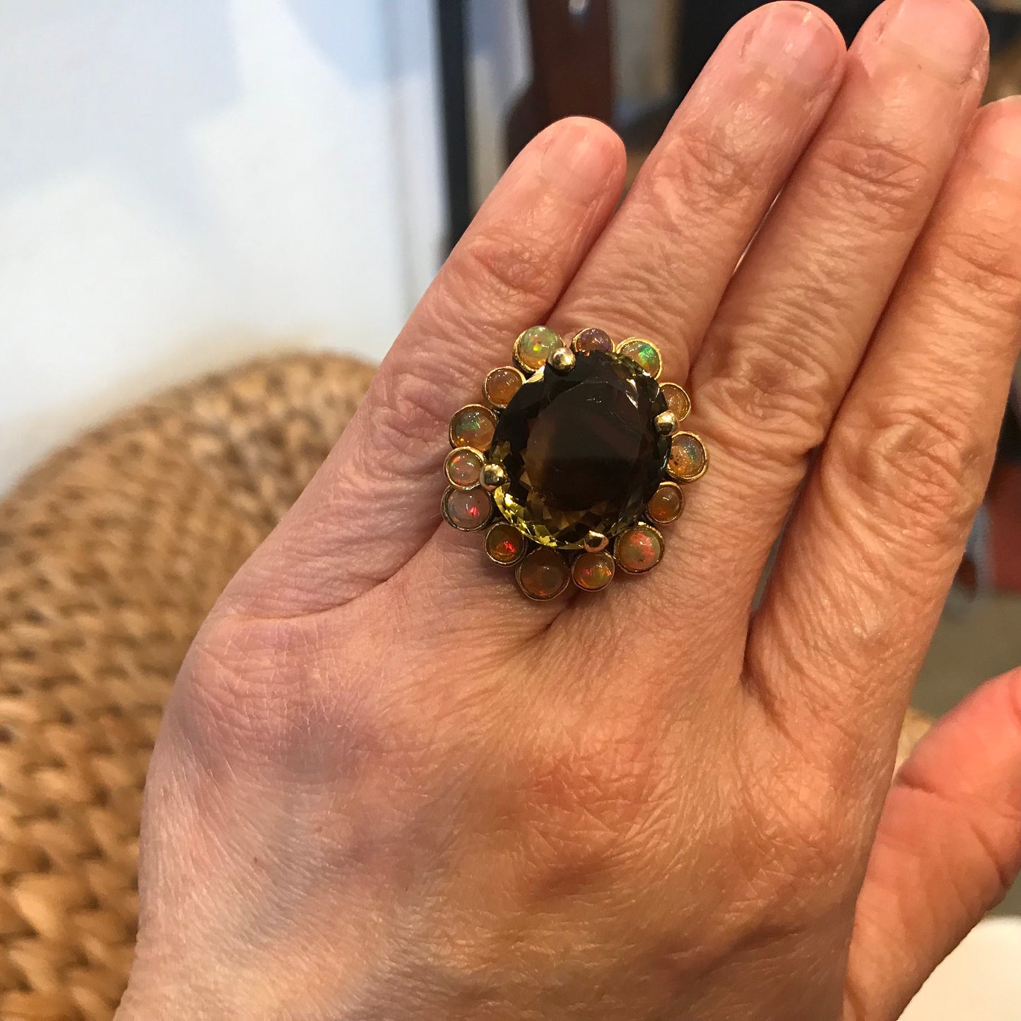 Sterling Silver Natural lemon quartz fire opal statement Ring 5