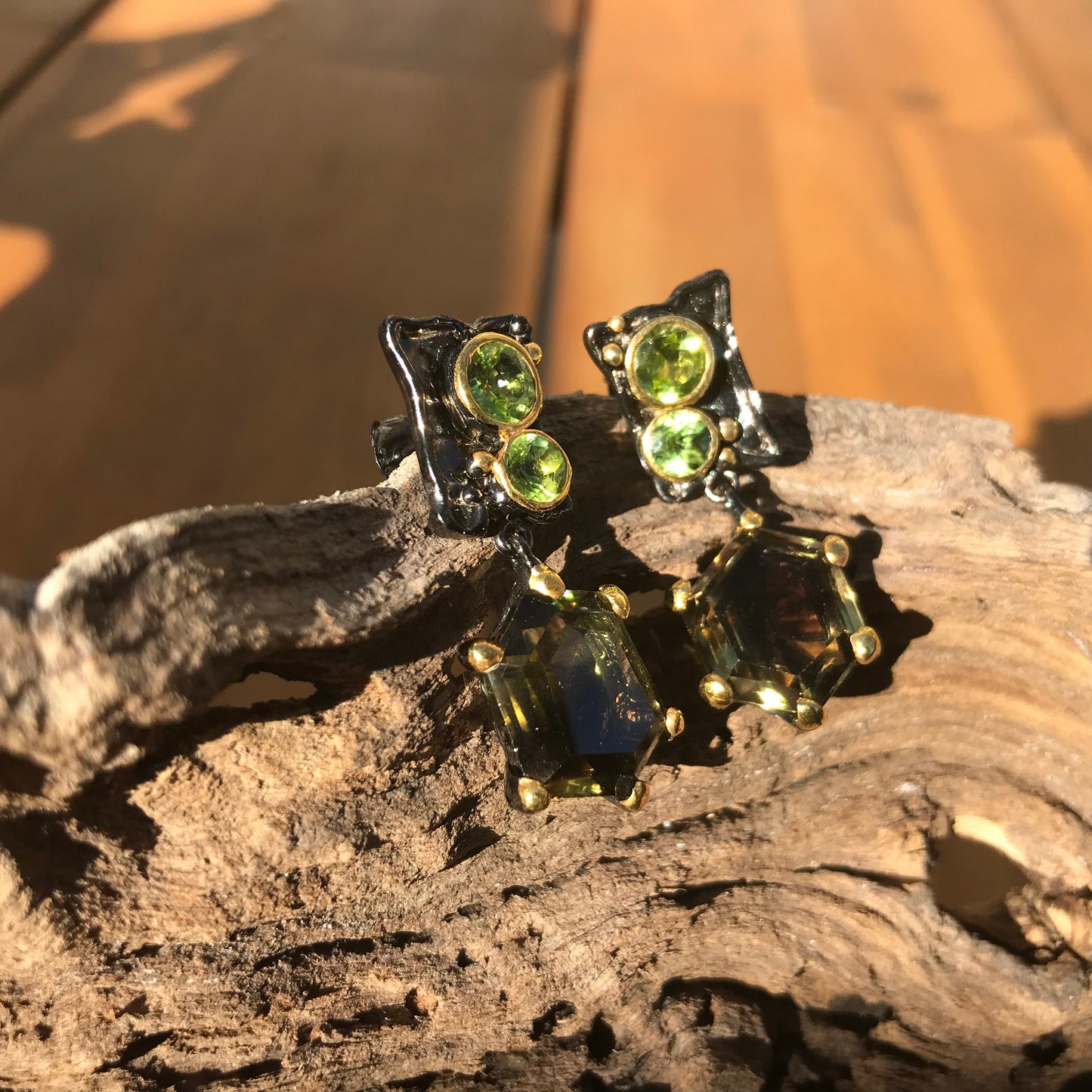 Sterling silver lemon quartz asymmetrical Peridot earrings
