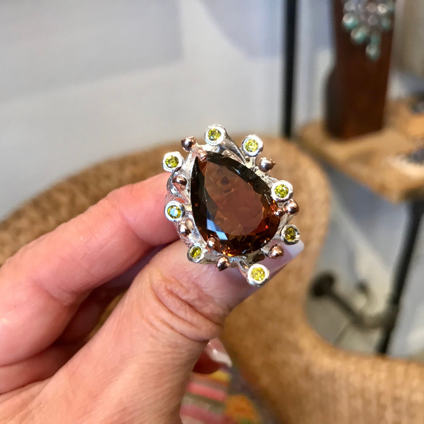 sterling silver cognac quartz brutalist statement ring 7.5