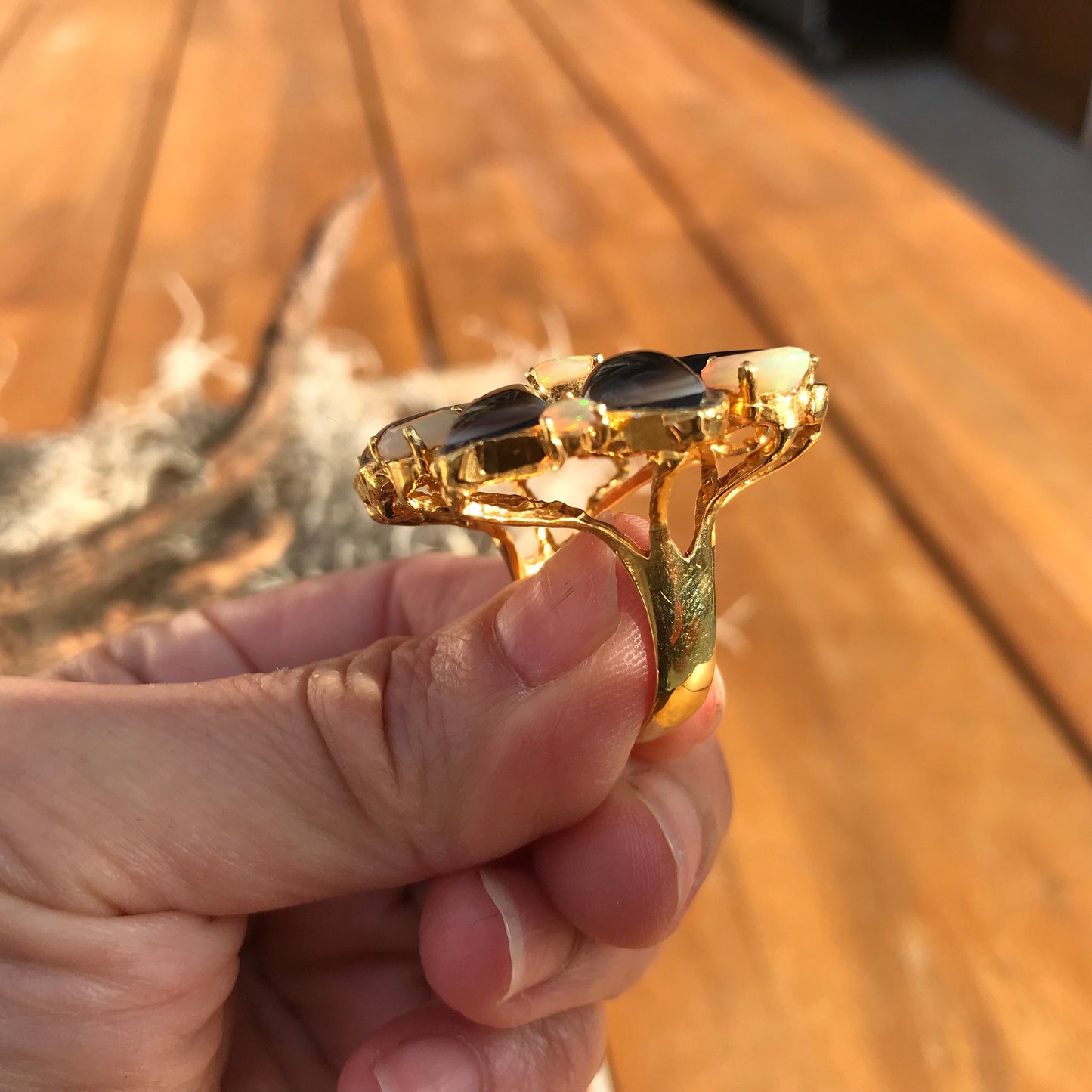 Sterling Silver Fire opal gold mop ring fancy Ring 10