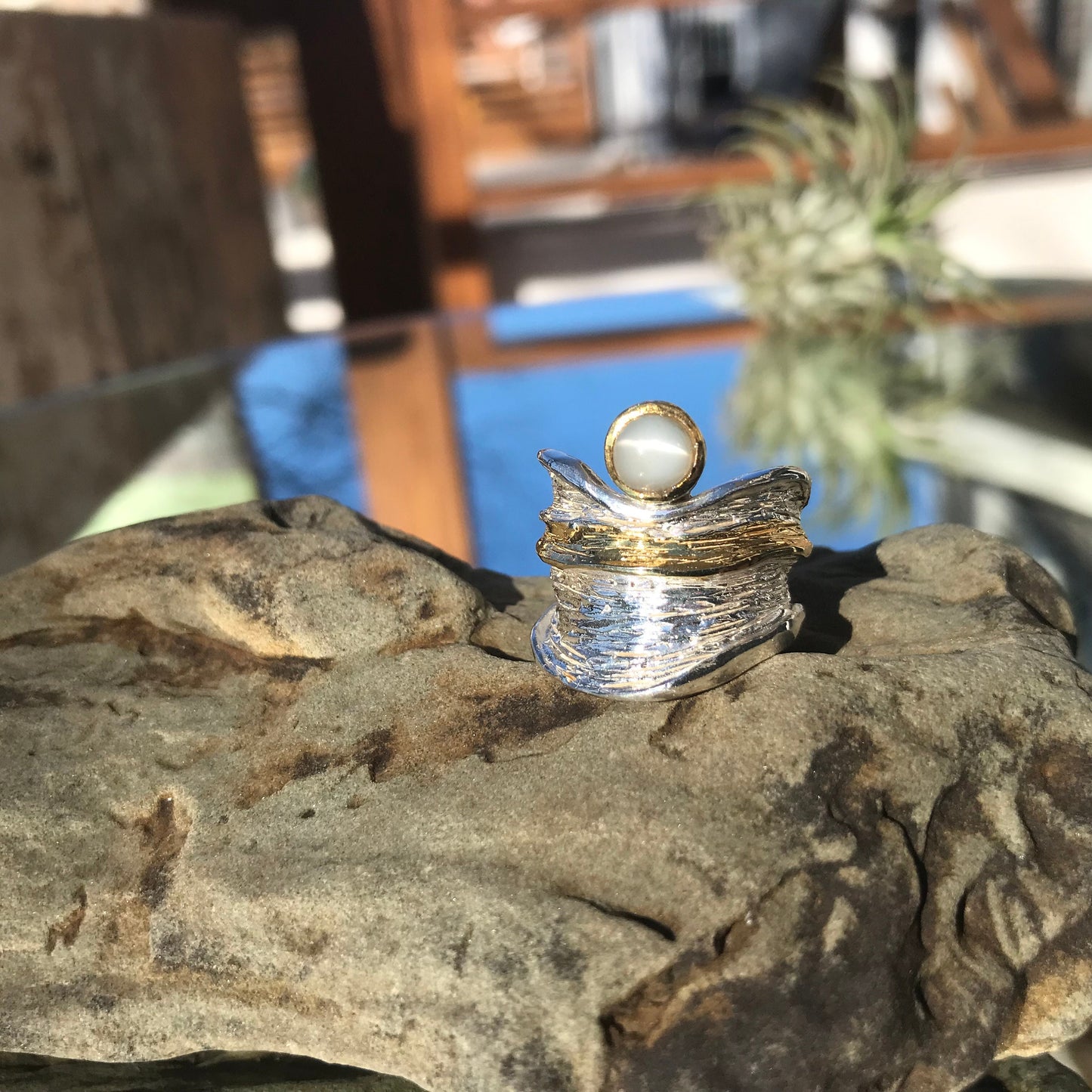 Sterling silver cat eye moonstone cuff ring gold statement 6