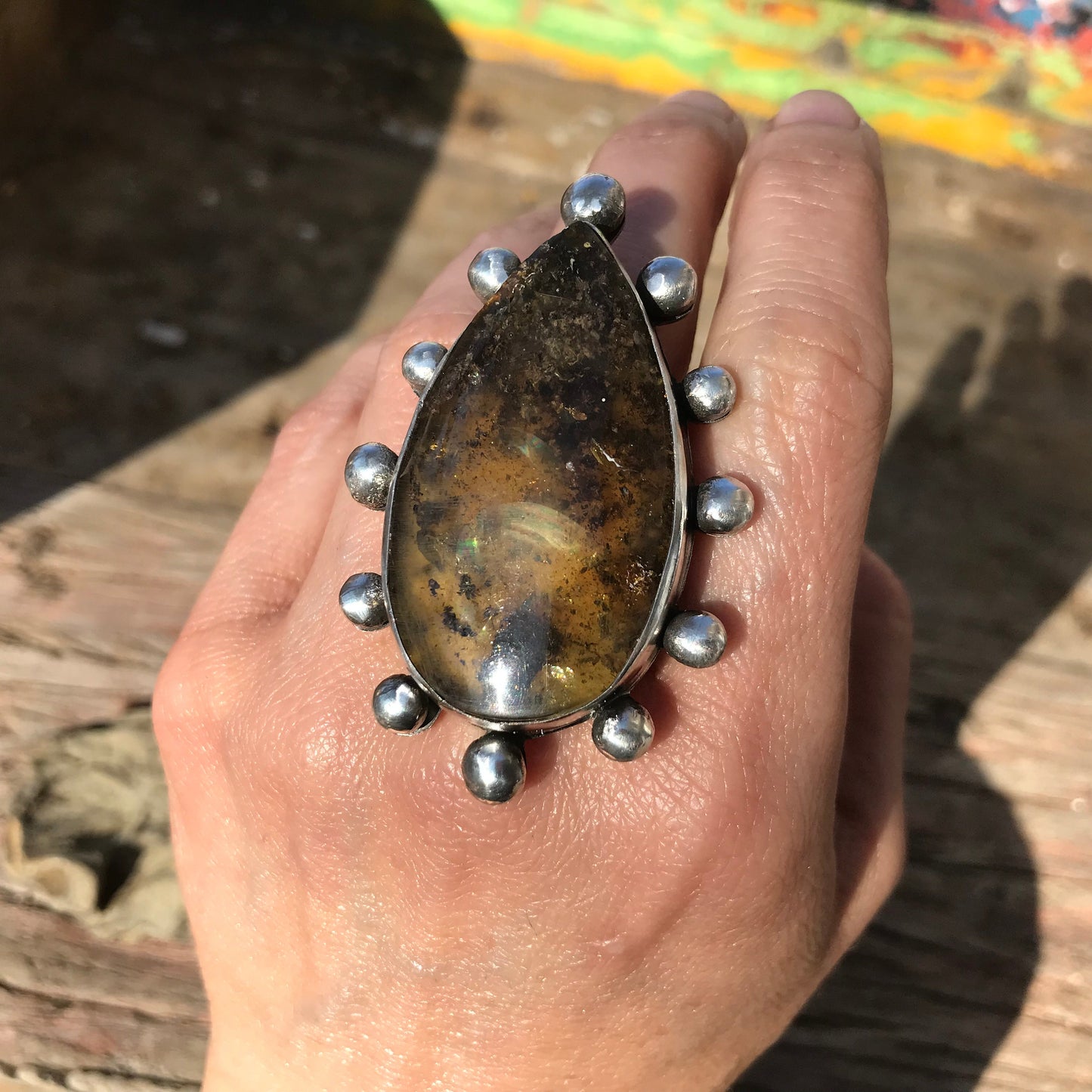 sterling silver Brutalist OOAK amber Statement ring adjustable