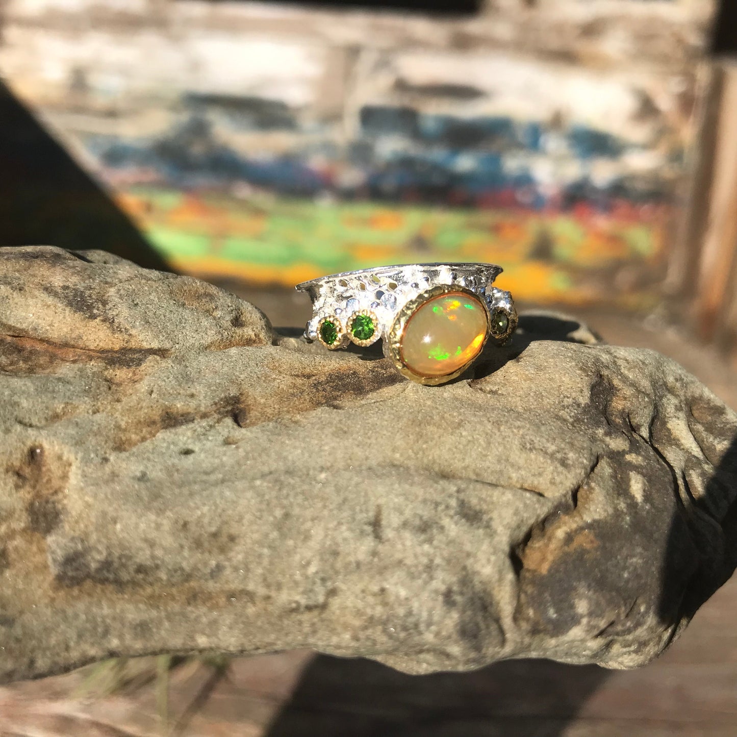 sterling silver Natural opal band ring 6.5