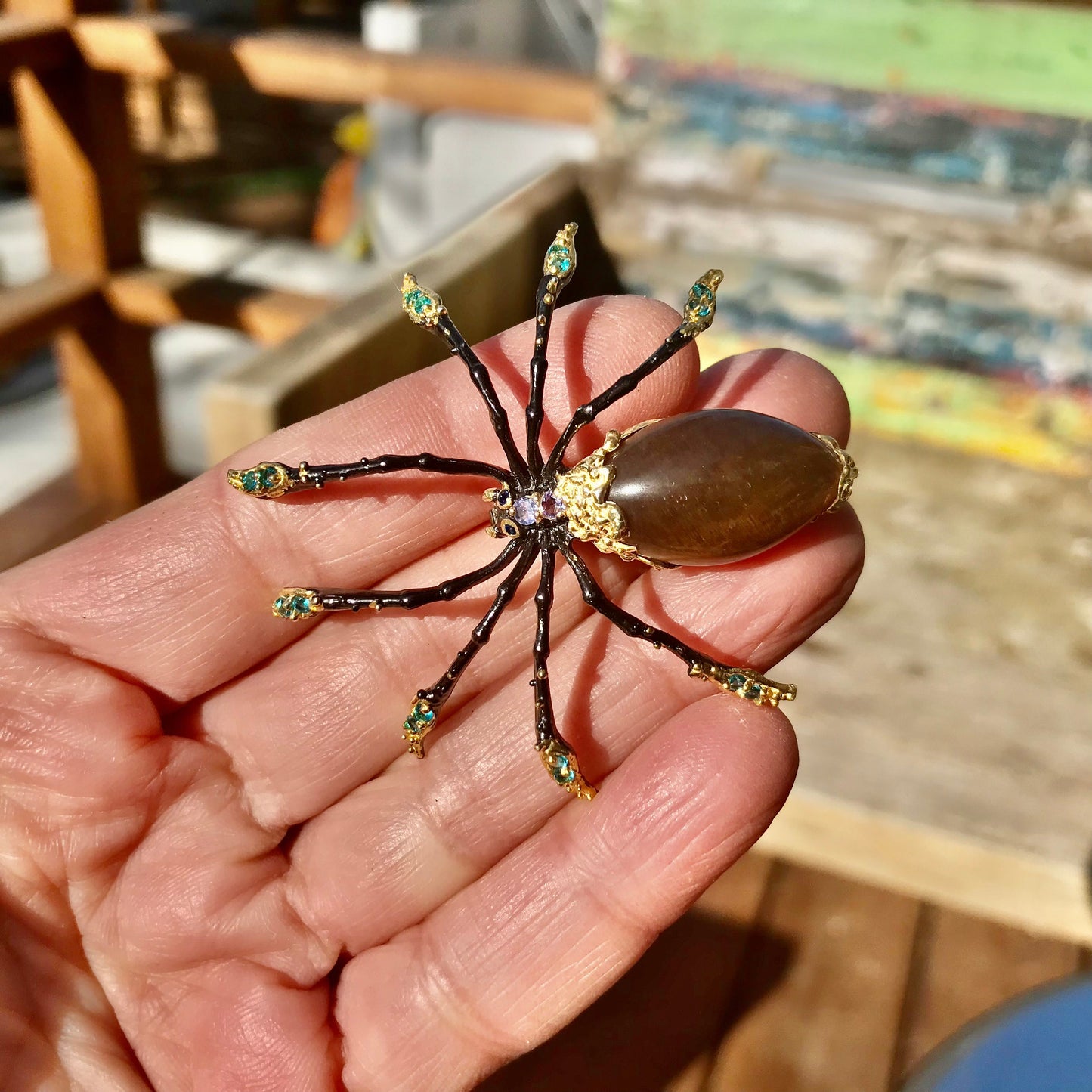 Sterling silver cat eye sunstone spider brooch pin