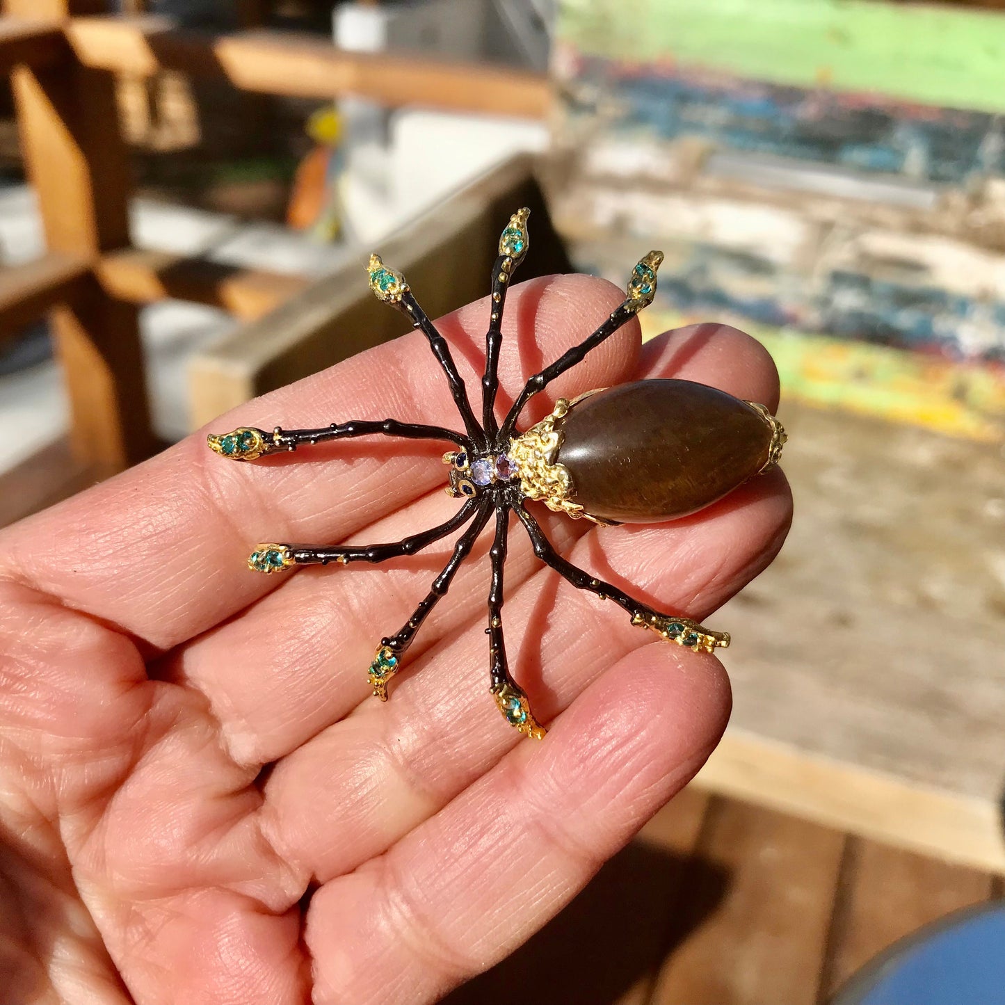 Sterling silver cat eye sunstone spider brooch pin