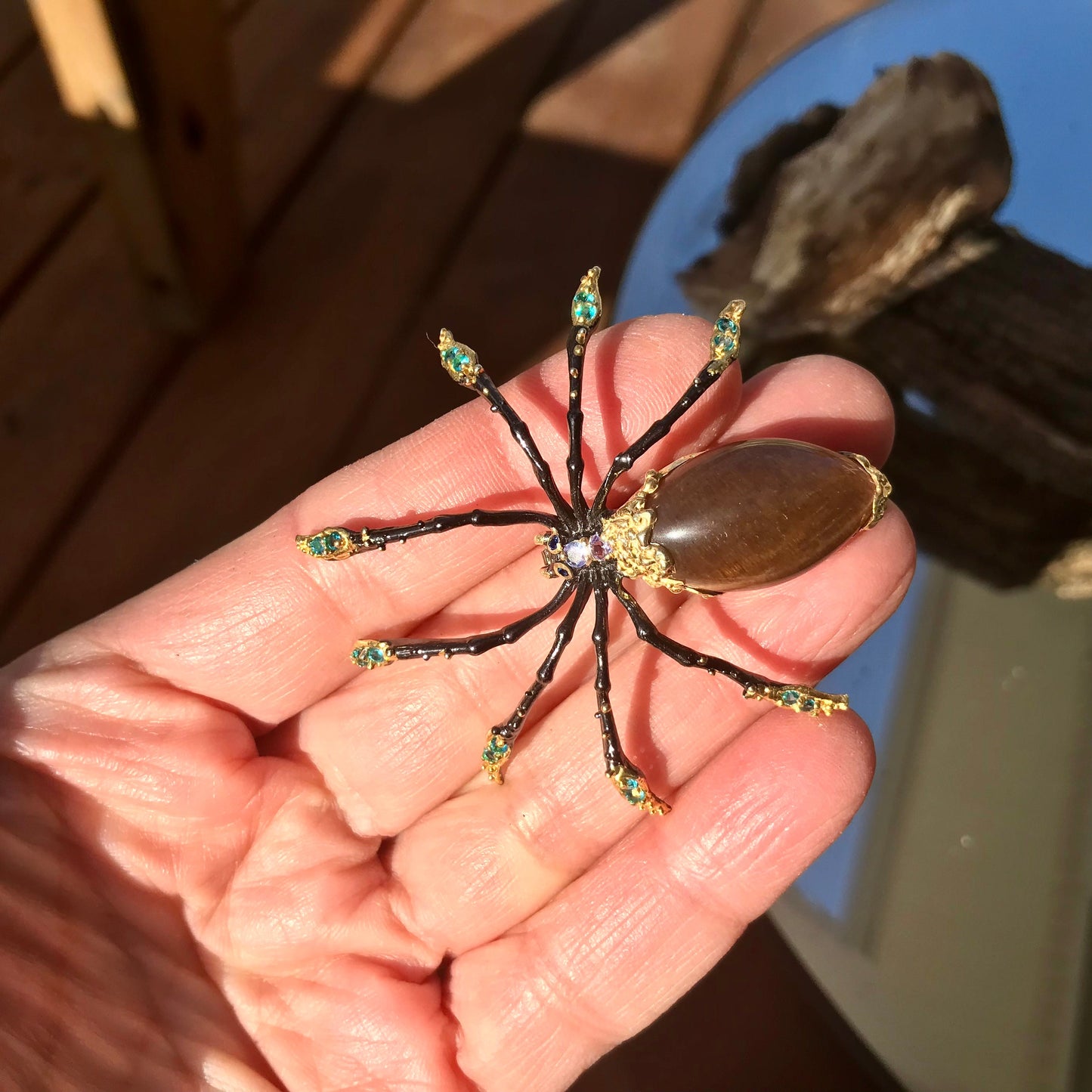 Sterling silver cat eye sunstone spider brooch pin