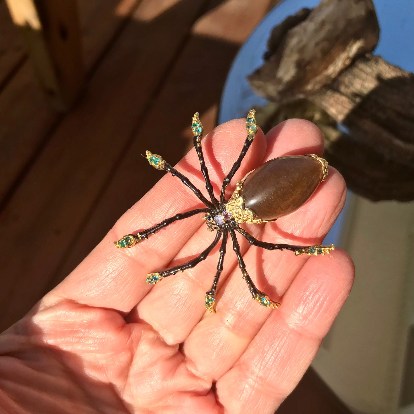 Sterling silver cat eye sunstone spider brooch pin