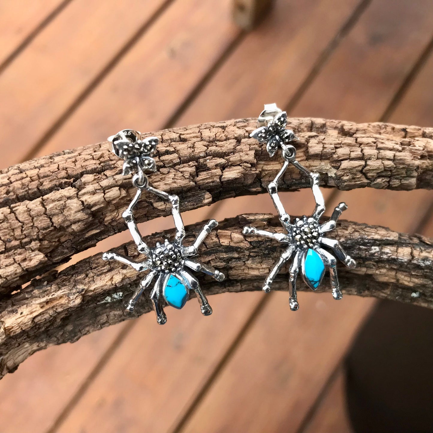 Sterling-silver Spider Marcasite Turquoise Dangle Earrings