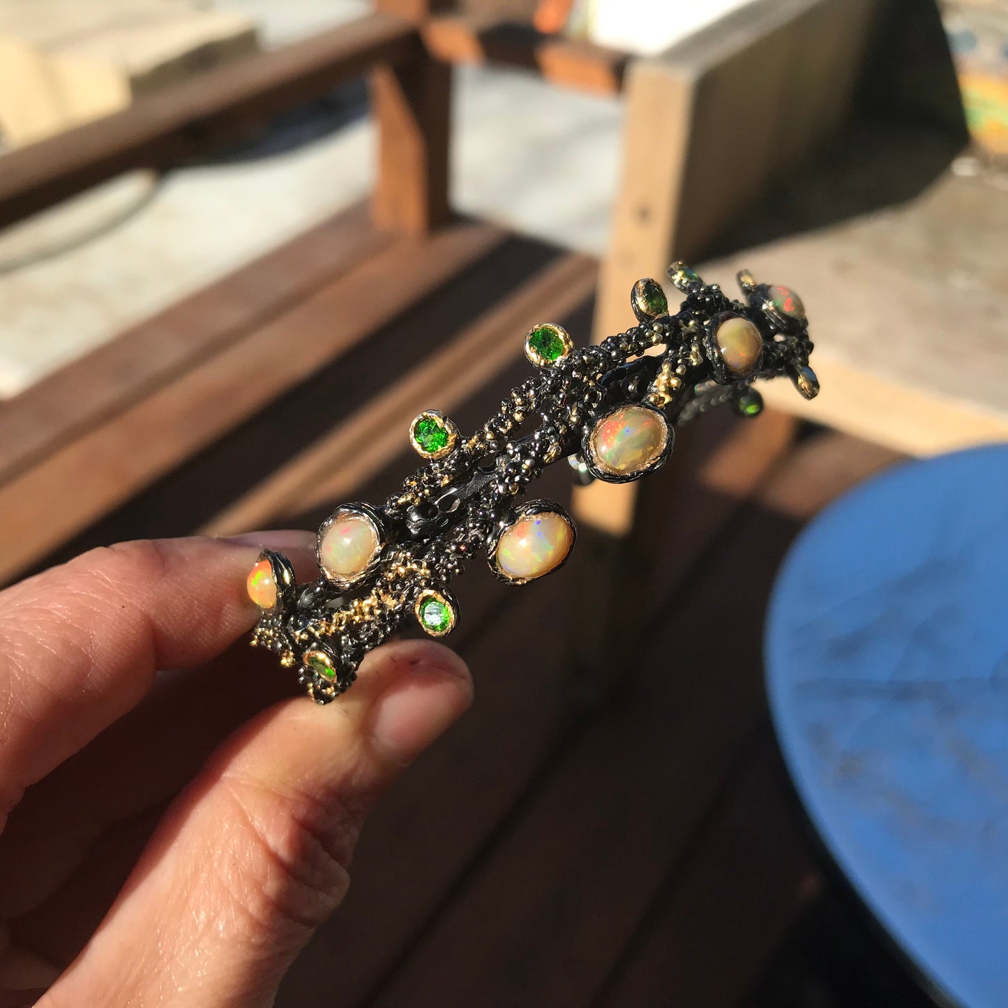 Sterling silver natural opal abstract brutalist cuff bangle bracelet