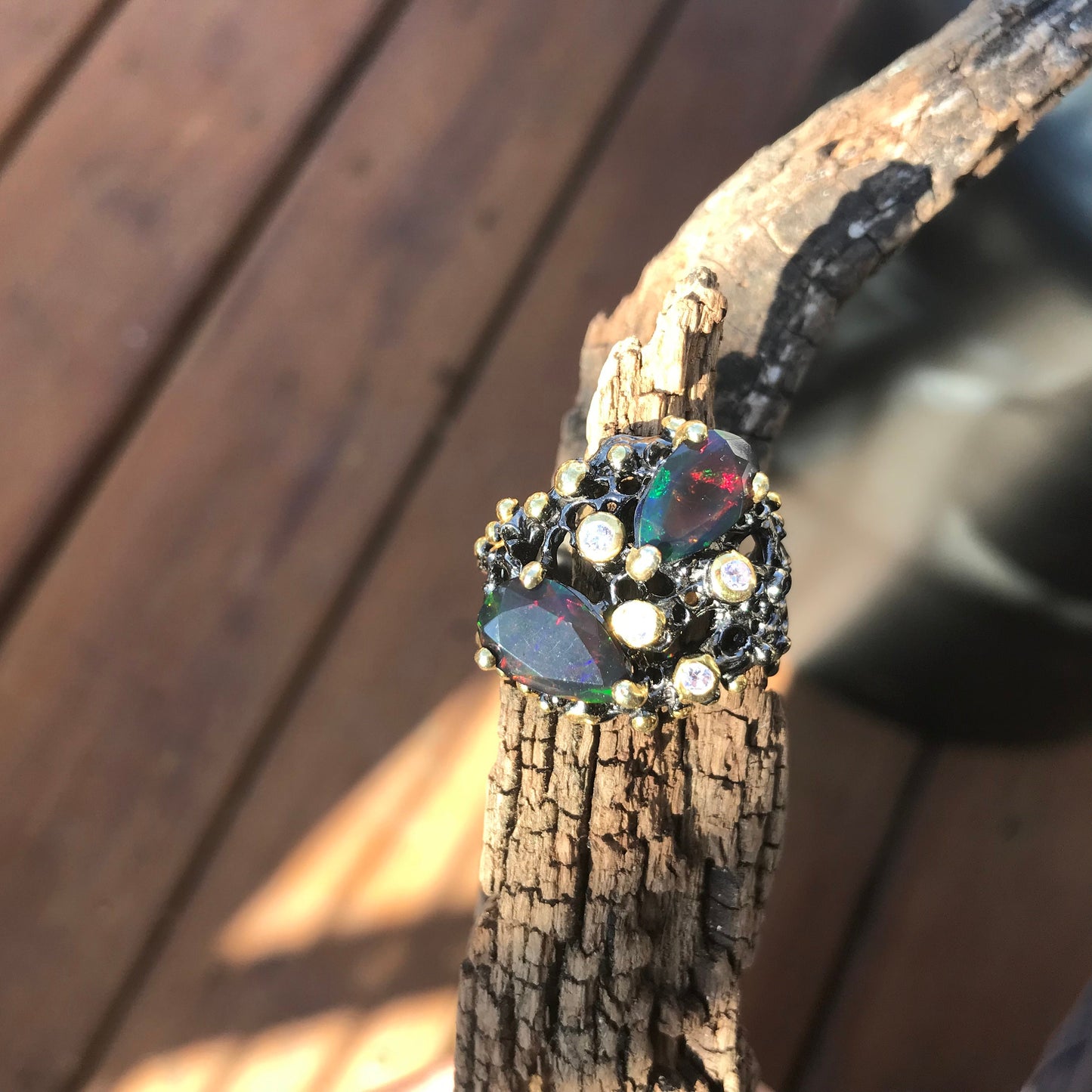 sterling silver natural fire red blue opal organic brutalist ring 9