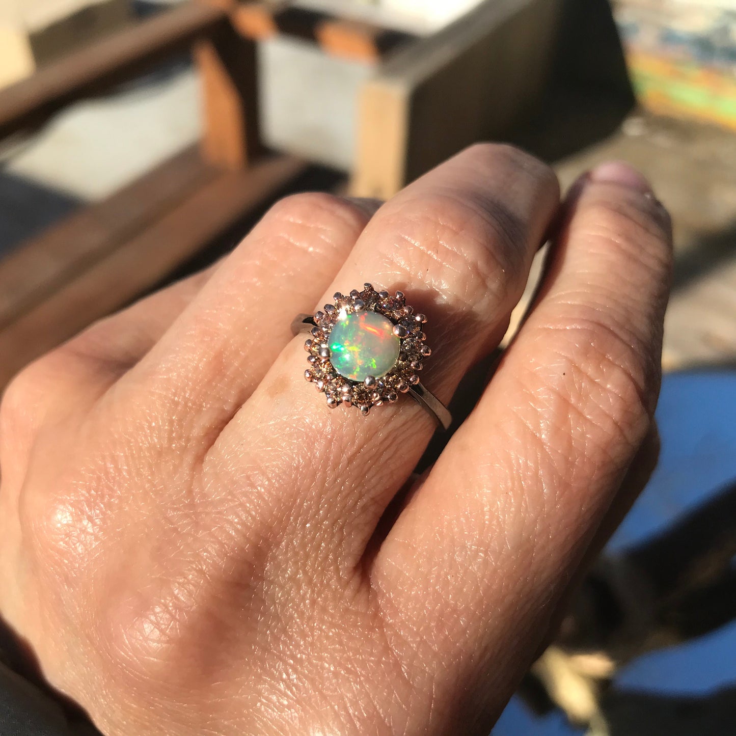 Sterling Silver Fire rainbow opal promise Ring 8