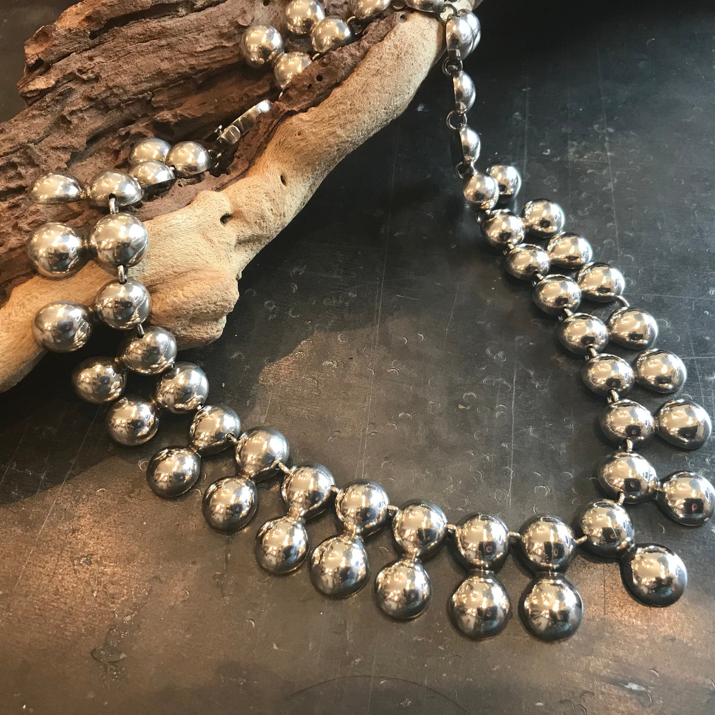Sterling silver Repousse Ball bead Modernist Vintage necklace