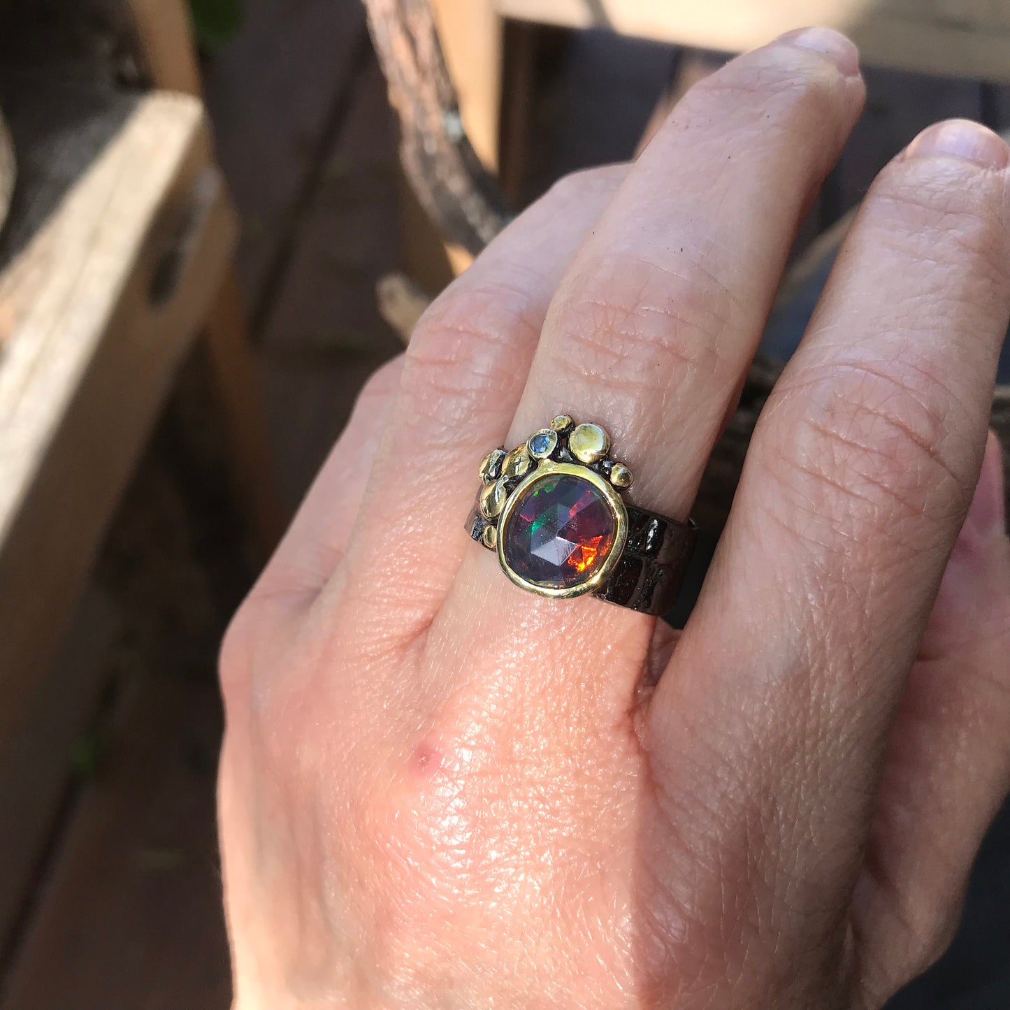 sterling silver natural fire rainbow opal band Etnika ring 8