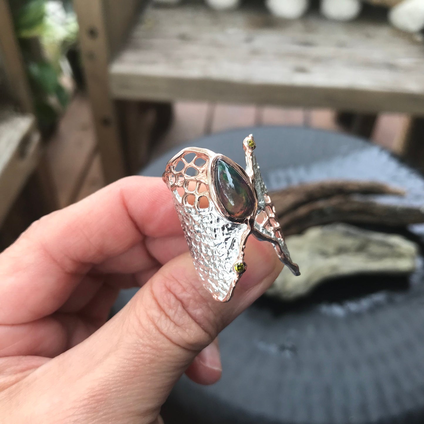 Sterling Silver Statement black opal ring 8