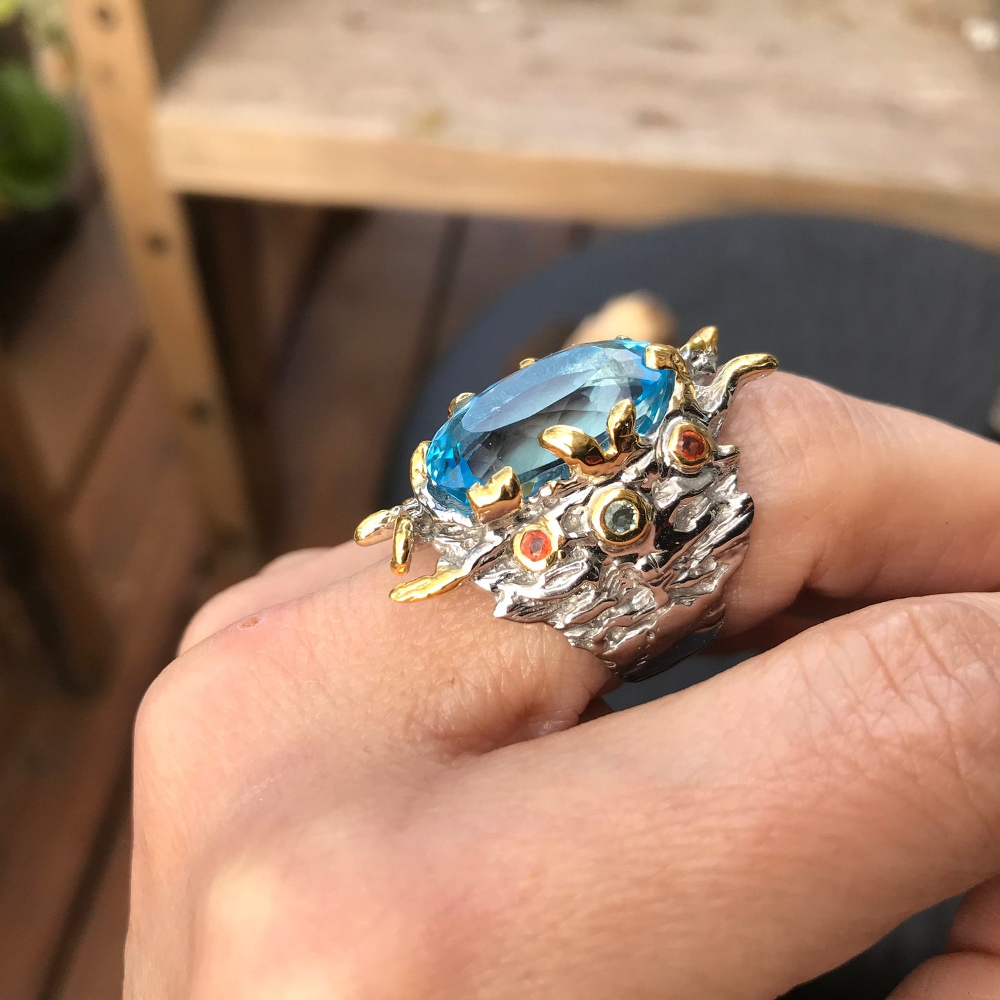 Sterling Silver Organic sky blue topaz ring handmade 6.5