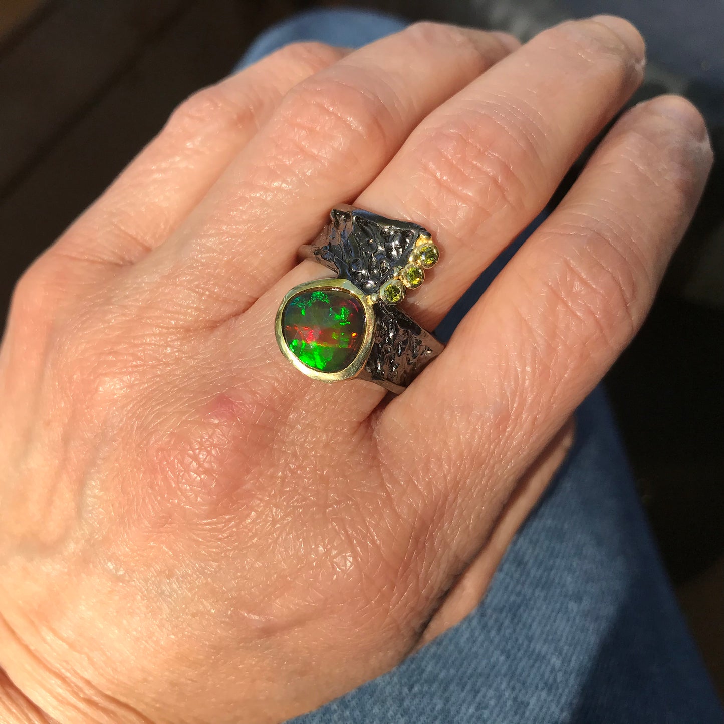 sterling silver natural opal band Peridot Etnika ring 8