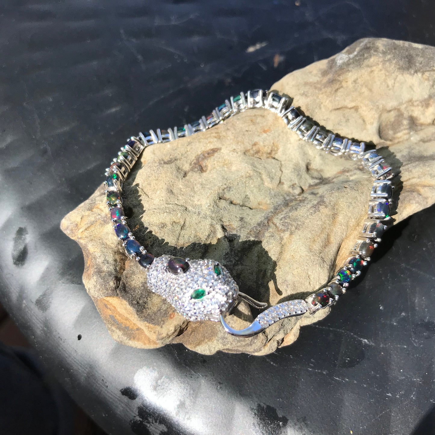 Sterling silver natural black fire opal snake cz Etnika bracelet