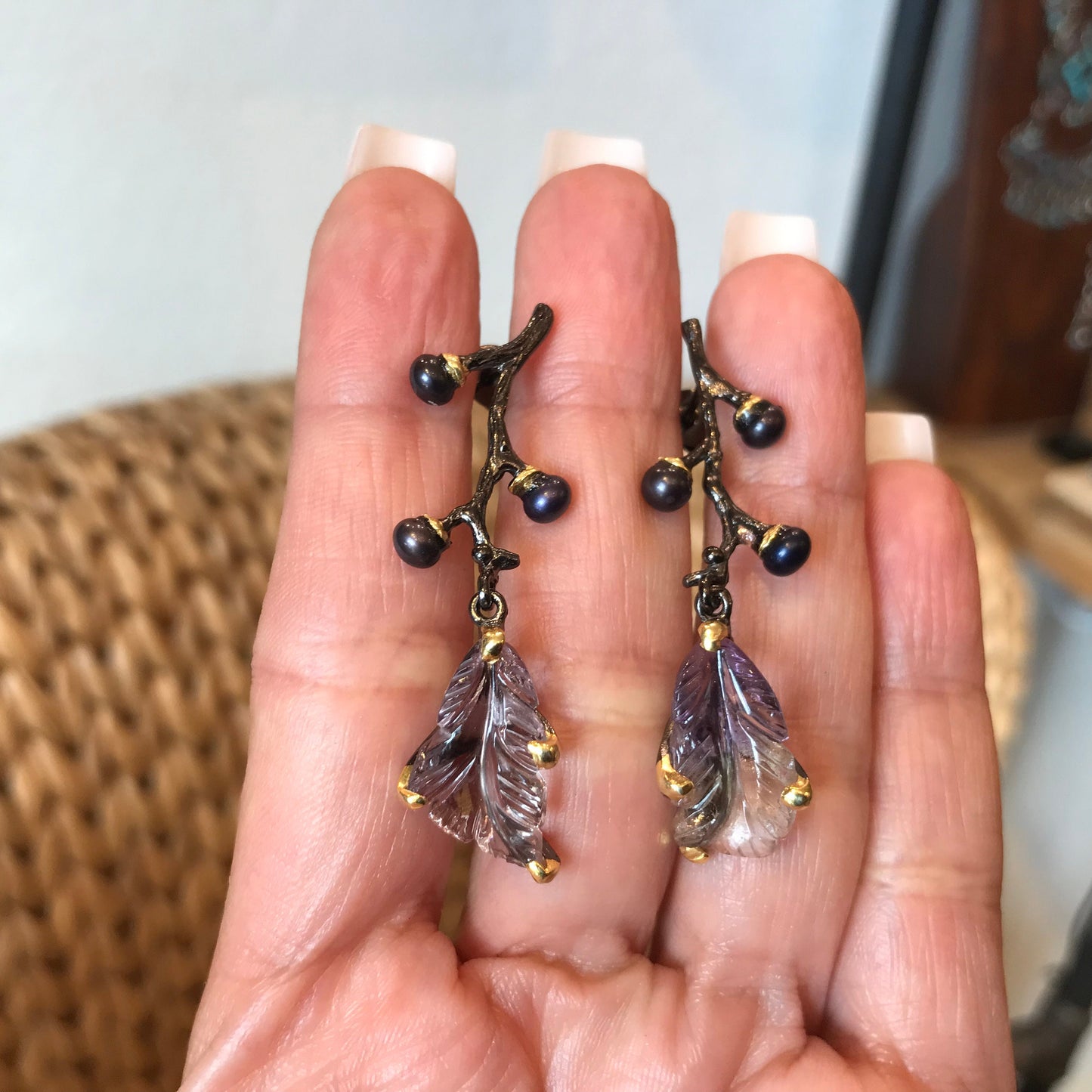 Sterling silver Leaf Ametrine black pearls Etnika Earrings