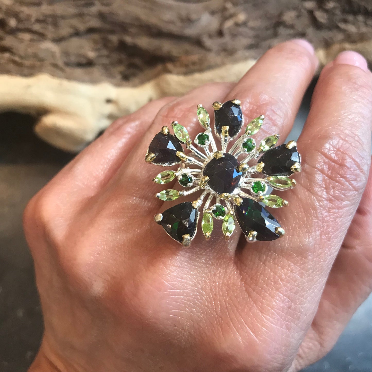 sterling silver Natural black blue Fire Opal peridot sunburst ring 9