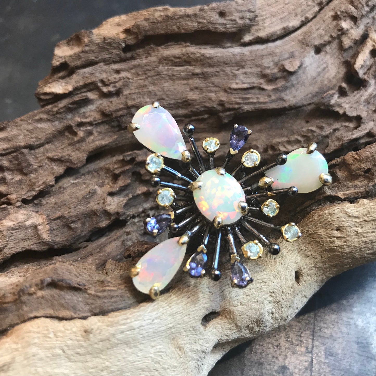 sterling silver Natural Fire Opal topaz sunburst ring 8.5