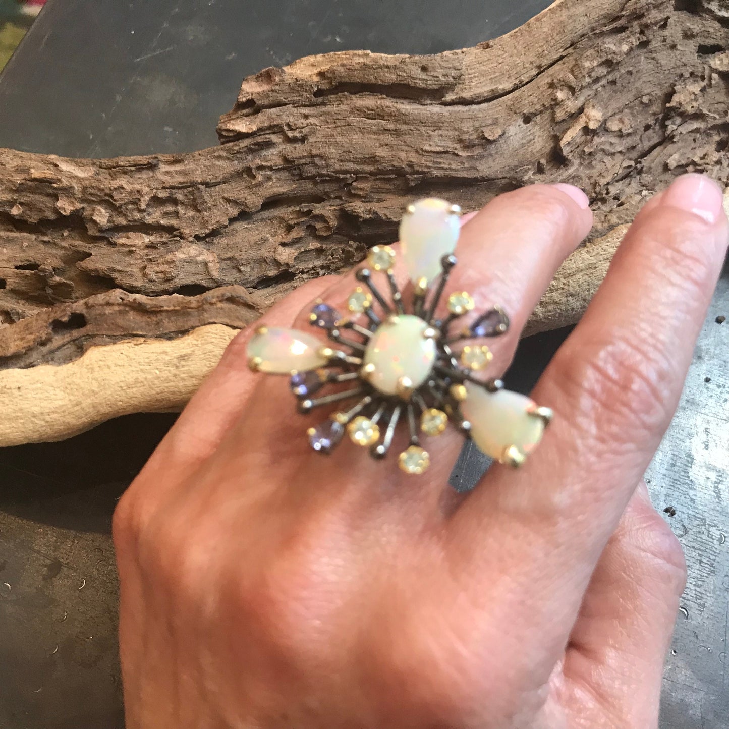 sterling silver Natural Fire Opal topaz sunburst ring 8.5