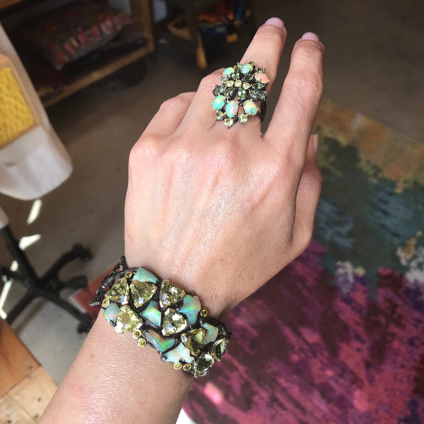 Sterling silver natural opal abstract fancy cuff bangle bracelet