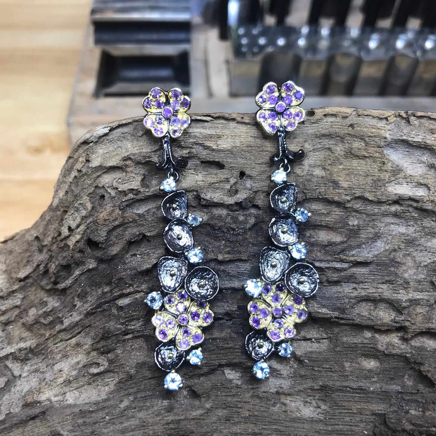 Sterling Silver Blue Topaz amethyst statement natural art long Earrings