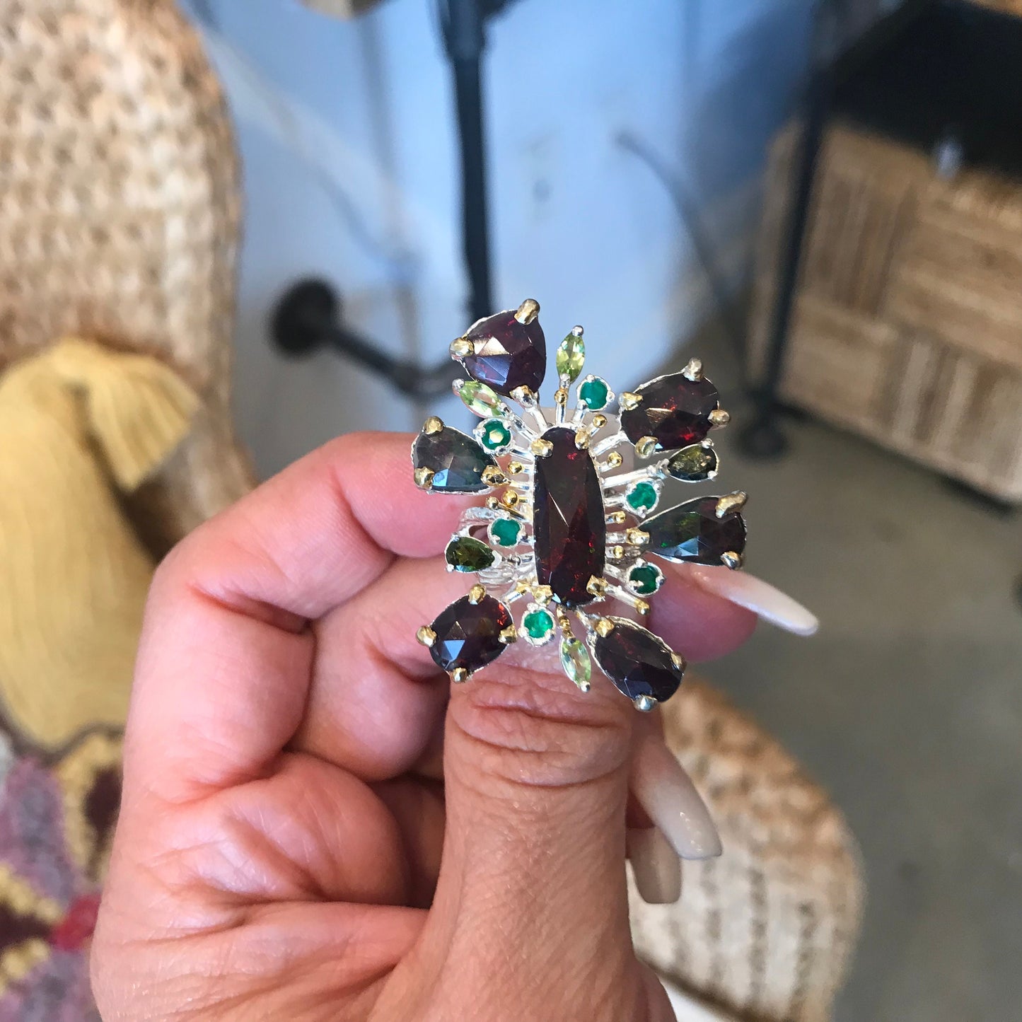 sterling silver Natural black Fire Opal onyx peridot statement ring 7