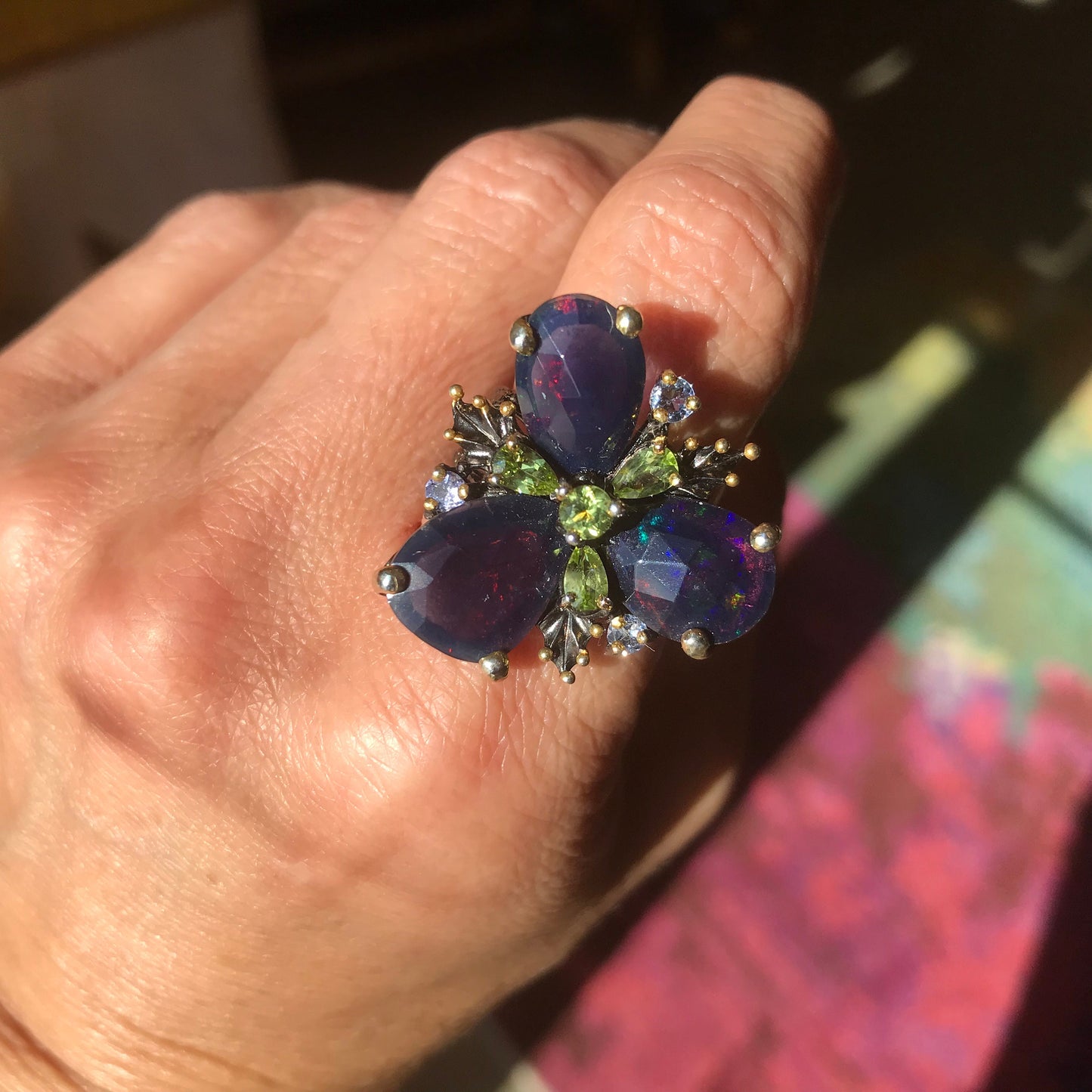 sterling silver Natural black blue Fire Opal peridot statement ring 8.5
