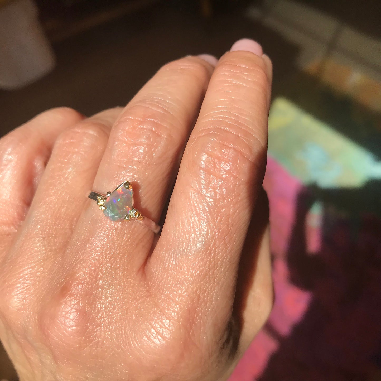 Sterling Silver Fire rainbow opal solitaire promise Ring 8