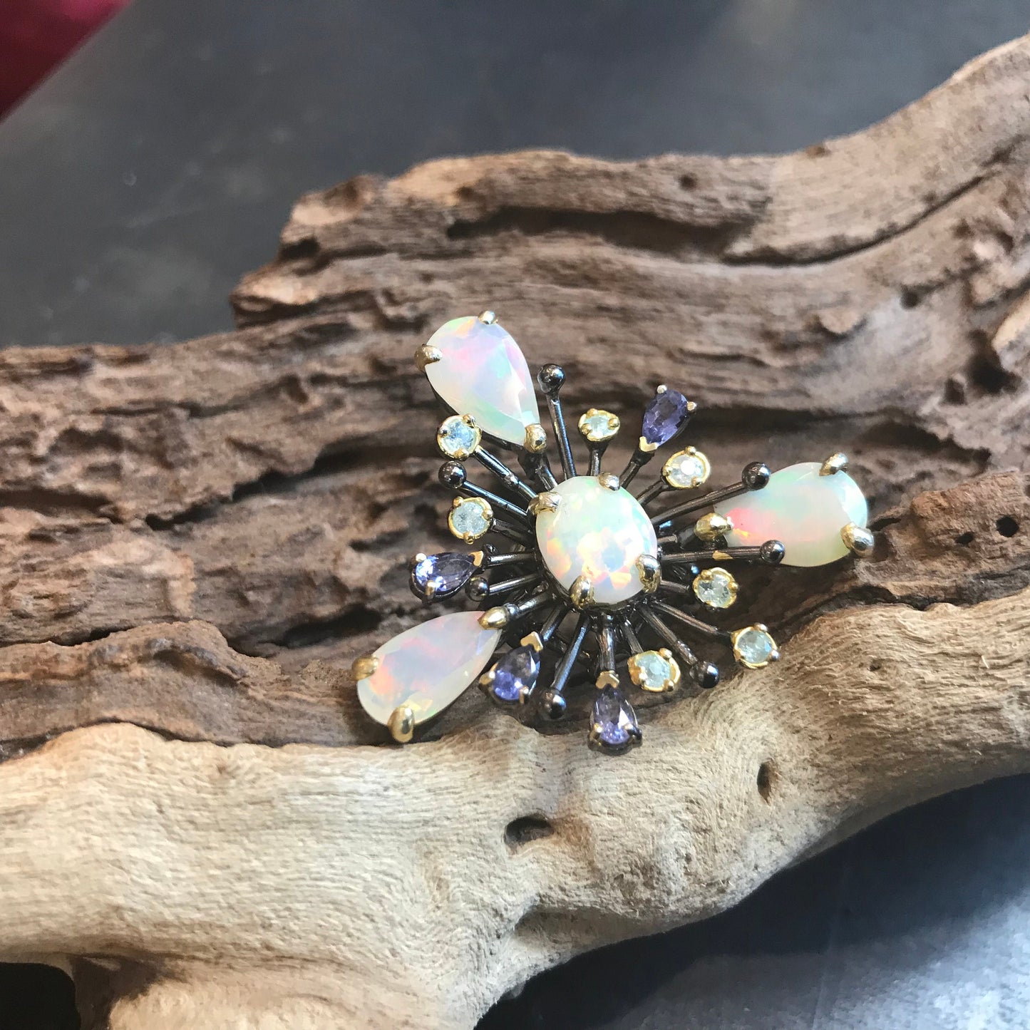 sterling silver Natural Fire Opal topaz sunburst ring 8.5