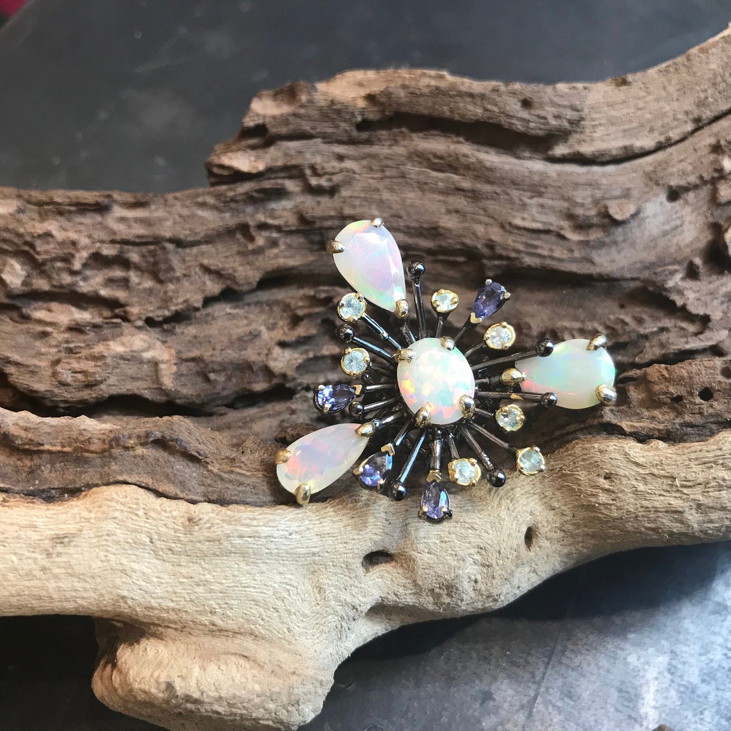 sterling silver Natural Fire Opal topaz sunburst ring 8.5