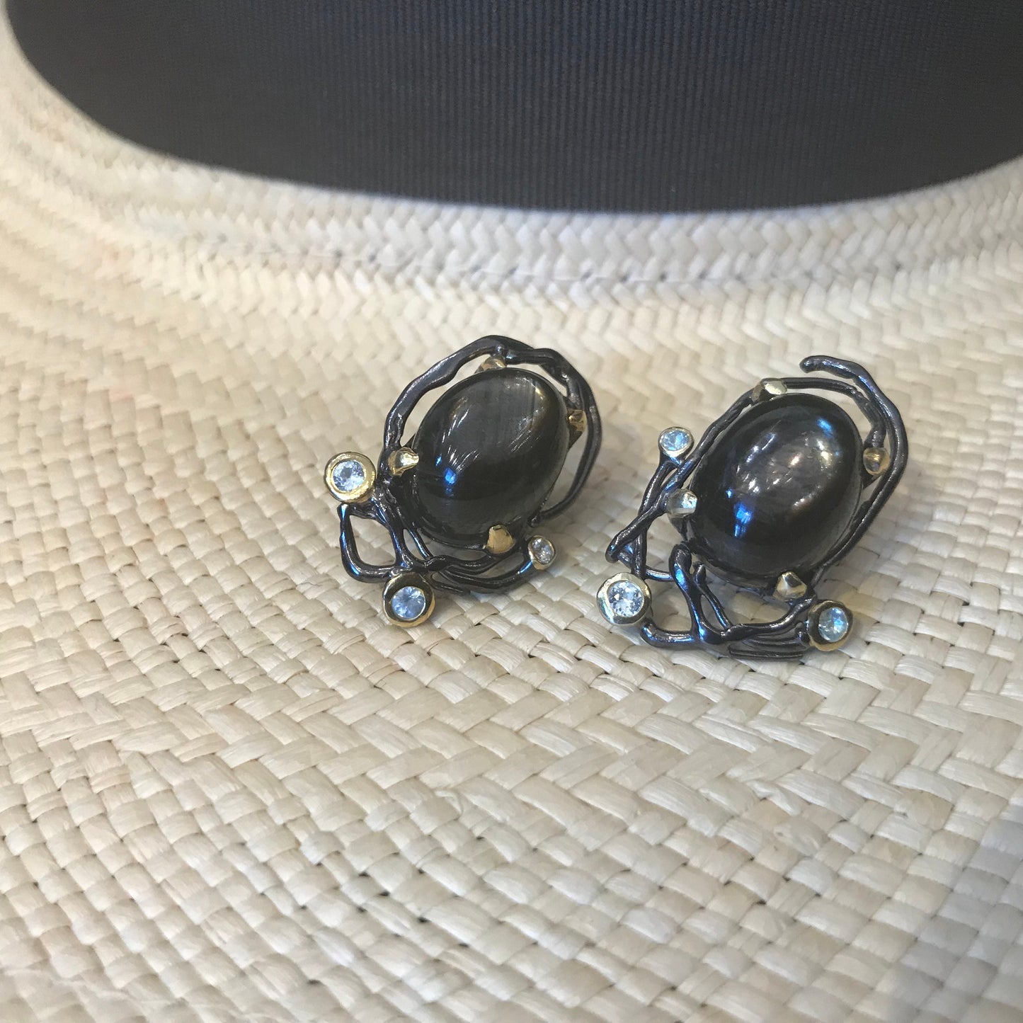 Sterling Silver black natural Sapphire large stud earrings