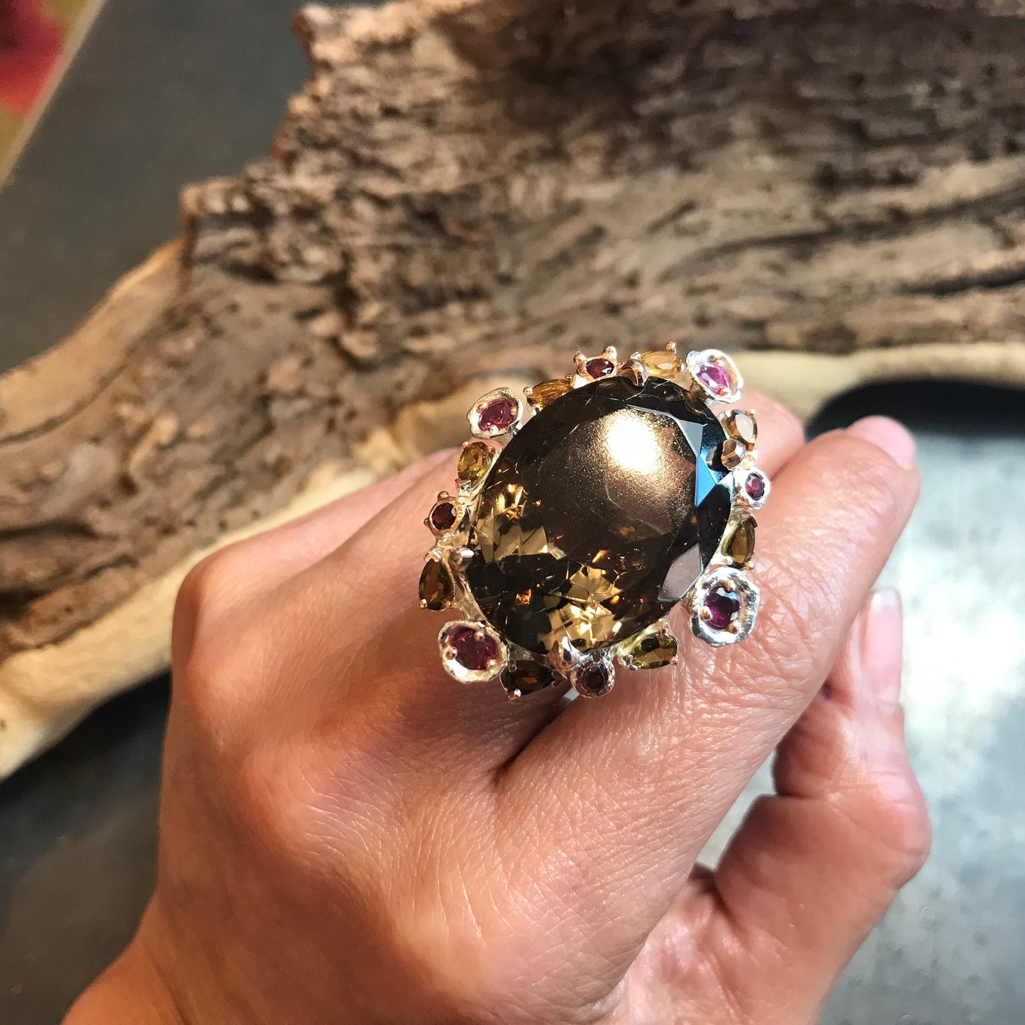 Sterling Silver 40ct Natural Smokey quartz huge fancy Ring 8