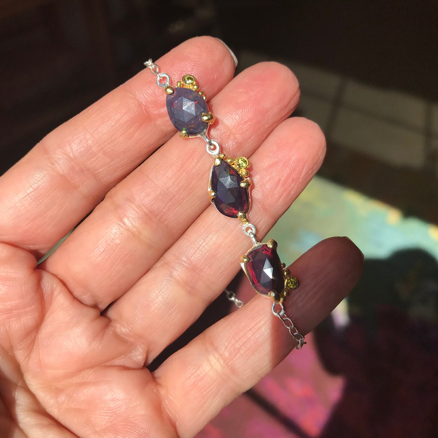 Sterling Silver Natural Black red blue fire Opal tenis bracelet