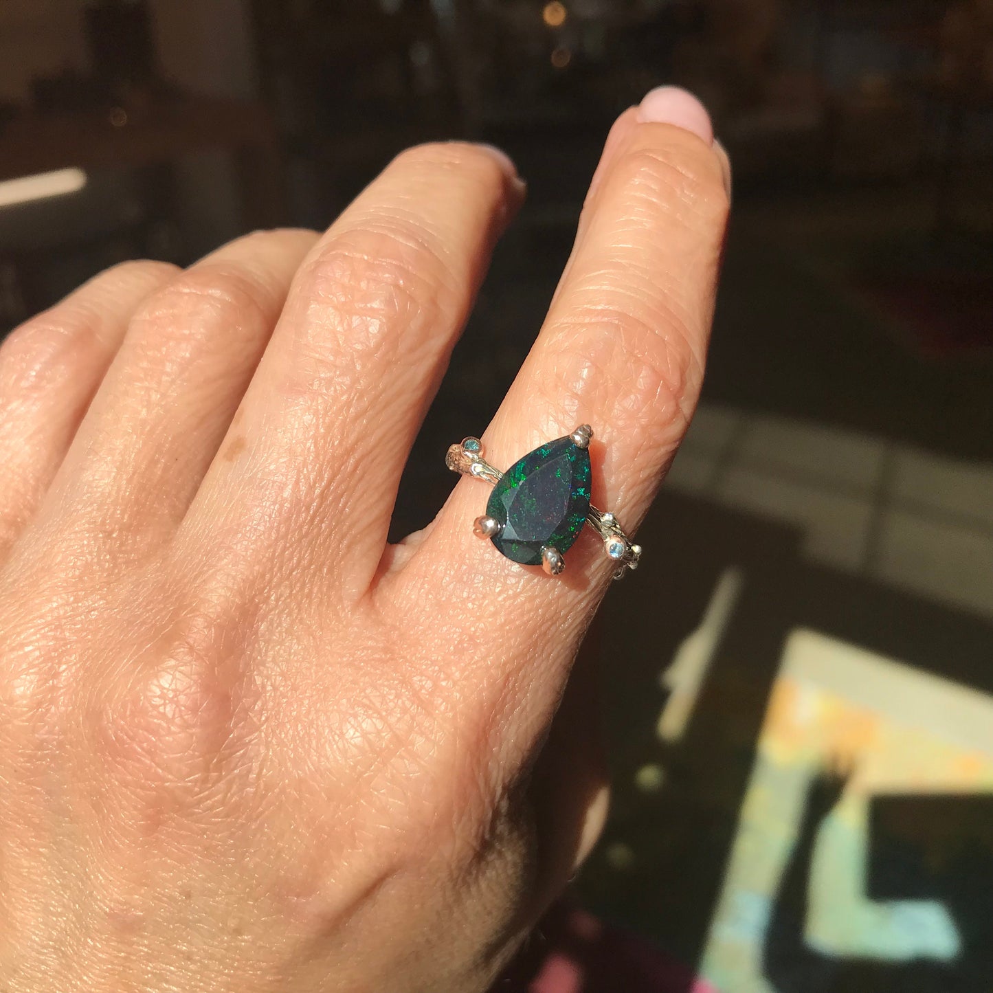 Sterling Silver Fire black blue fire opal solitaire promise Ring 8.5