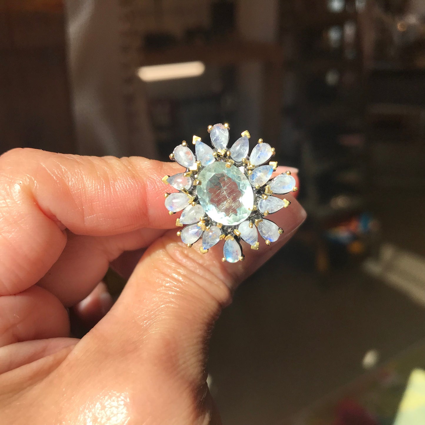 Sterling Silver Natural Aquamarine moonstone ring 8.5