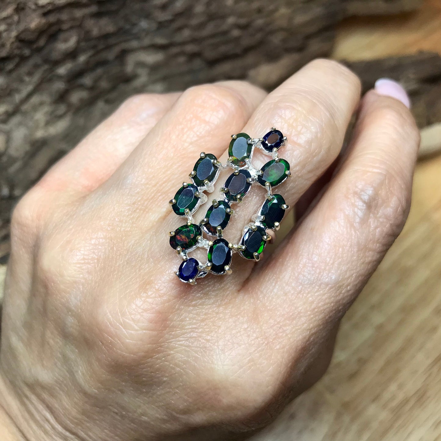 Sterling Silver black Fire Opal statement ring 7.5