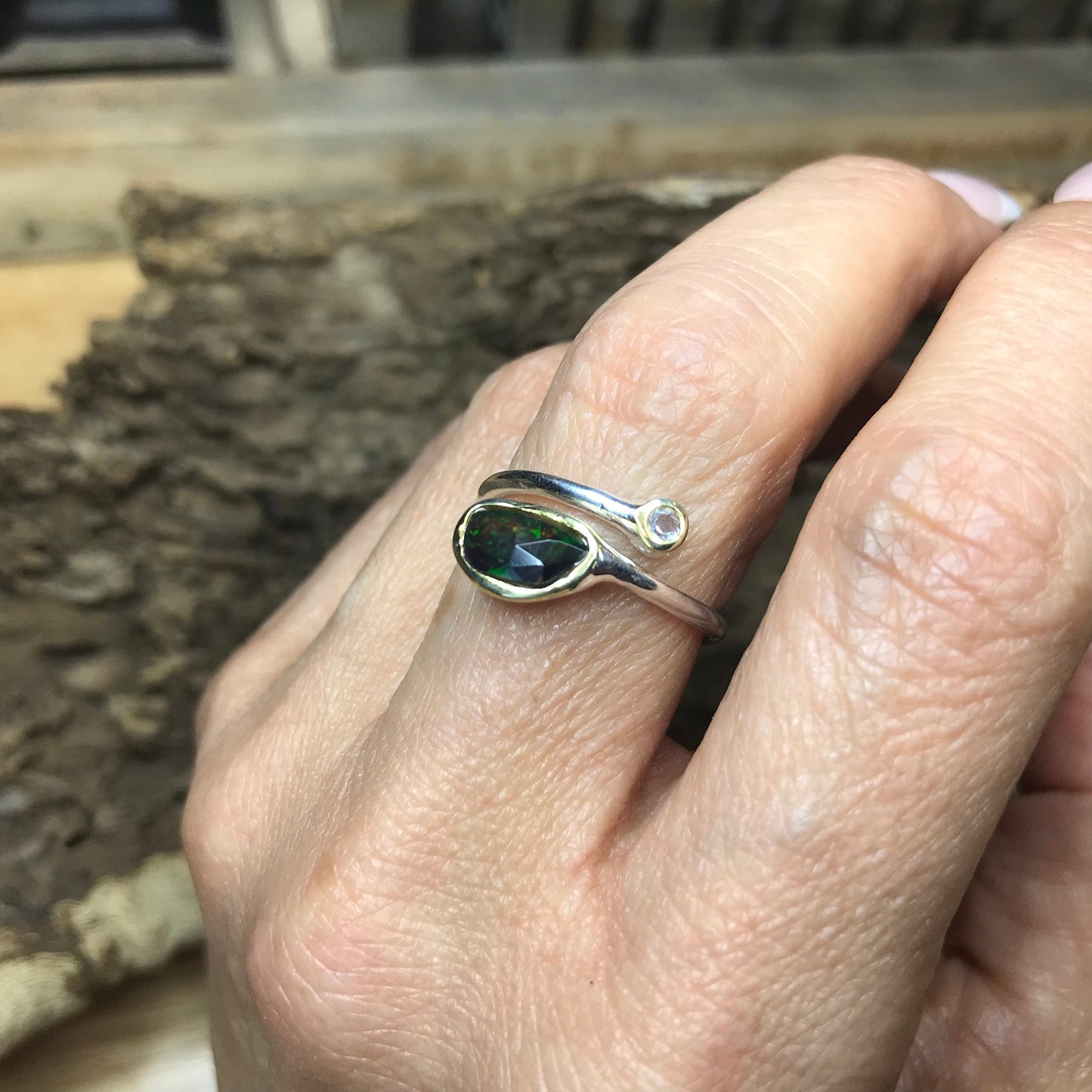 Natural black opal adjustable open dainty Sterling Silver Ring 7 8